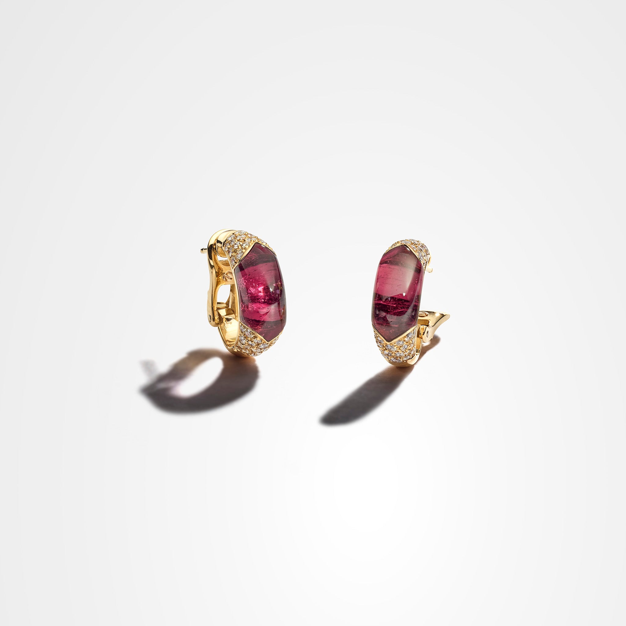 Vintage Bvlgari 18K yellow gold hoop earrings with pink tourmaline and pavé diamonds