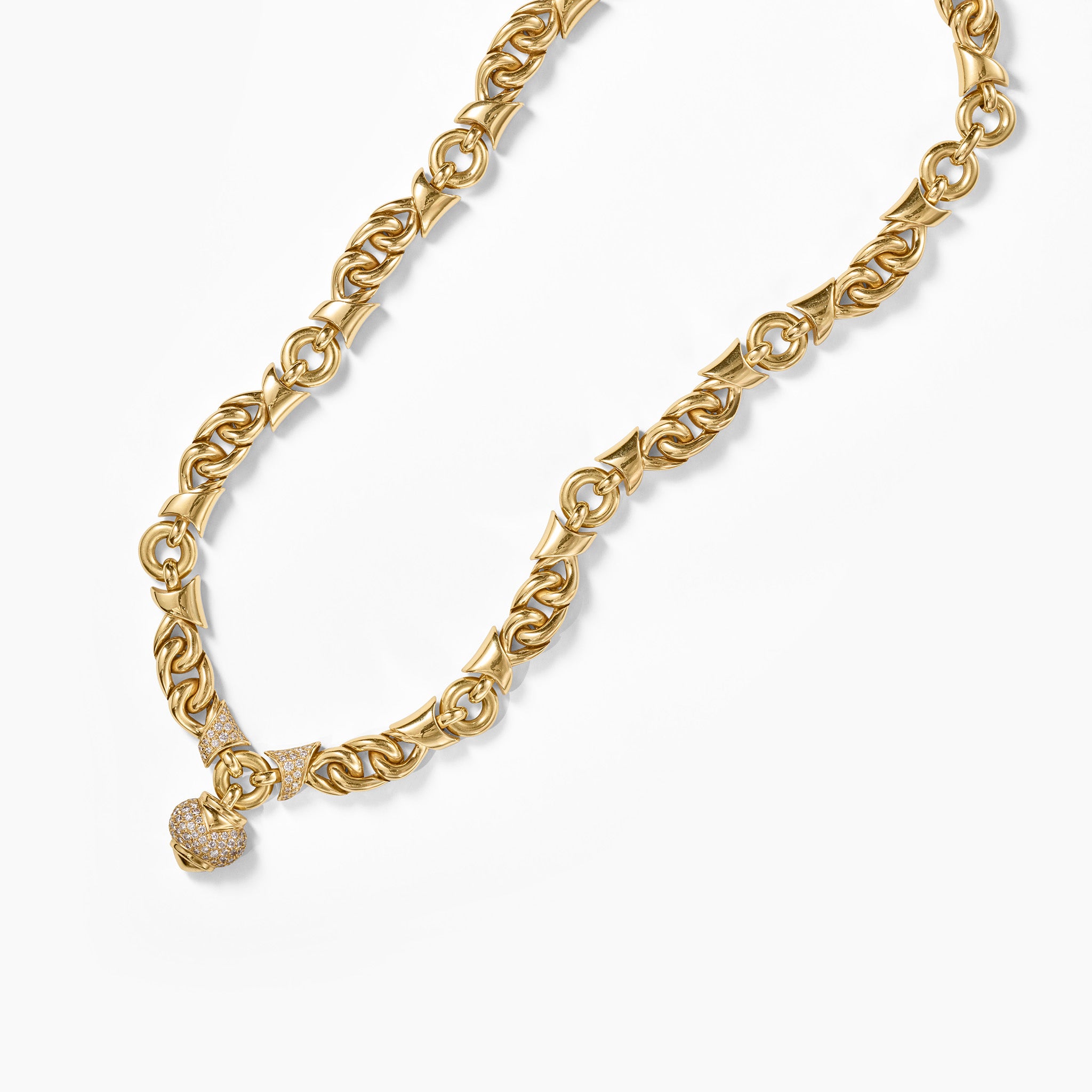 Signed vintage Bulgari Doppio Cuore 18K yellow gold necklace with pavé diamond double heart pendant
