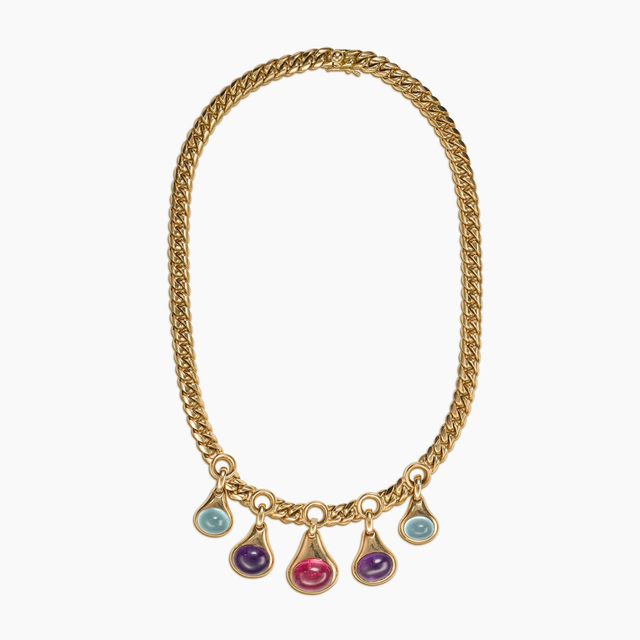 Signed vintage Bulgari 18K yellow gold curb chain necklace with five bezel-set ruby, topaz and amethyst cabochon drops
