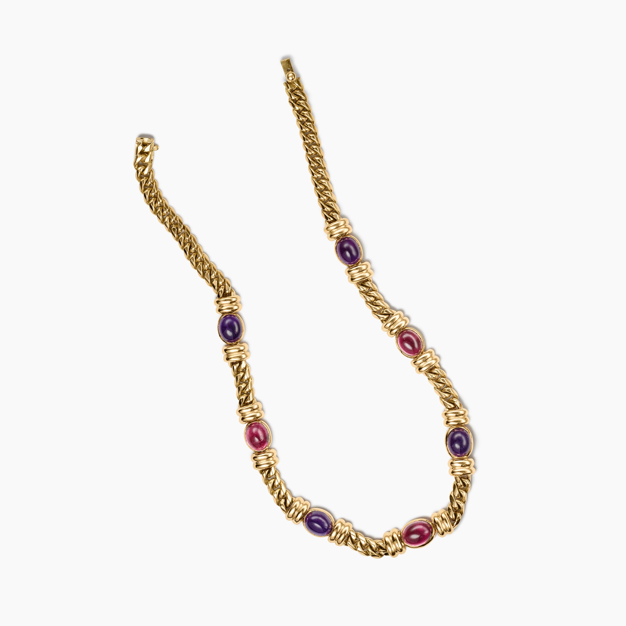 Signed vintage Bulgari 18K yellow gold curb chain necklace with alternating oval cabochon pink tourmaline and amethyst
