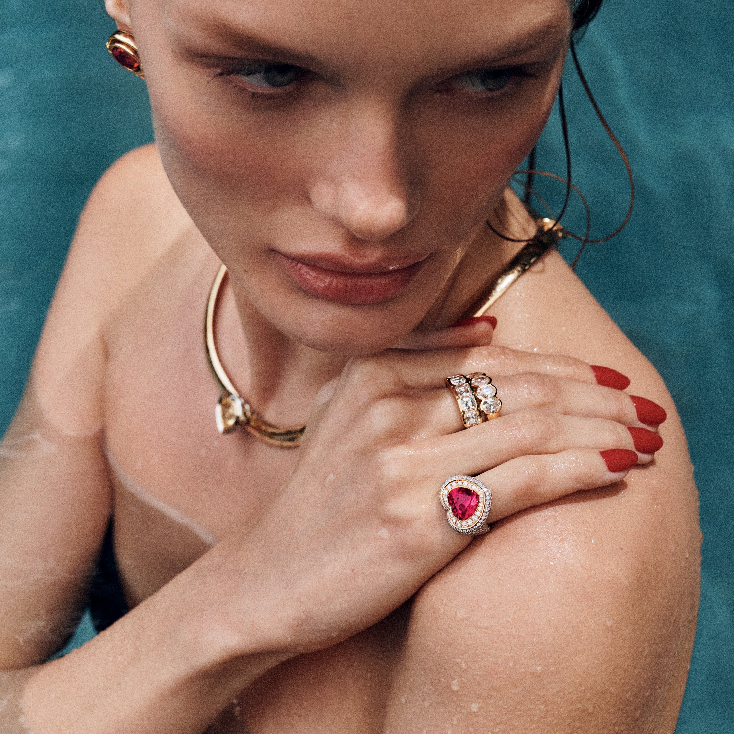 Pavé-Set Heart Rubellite Pinky Ring