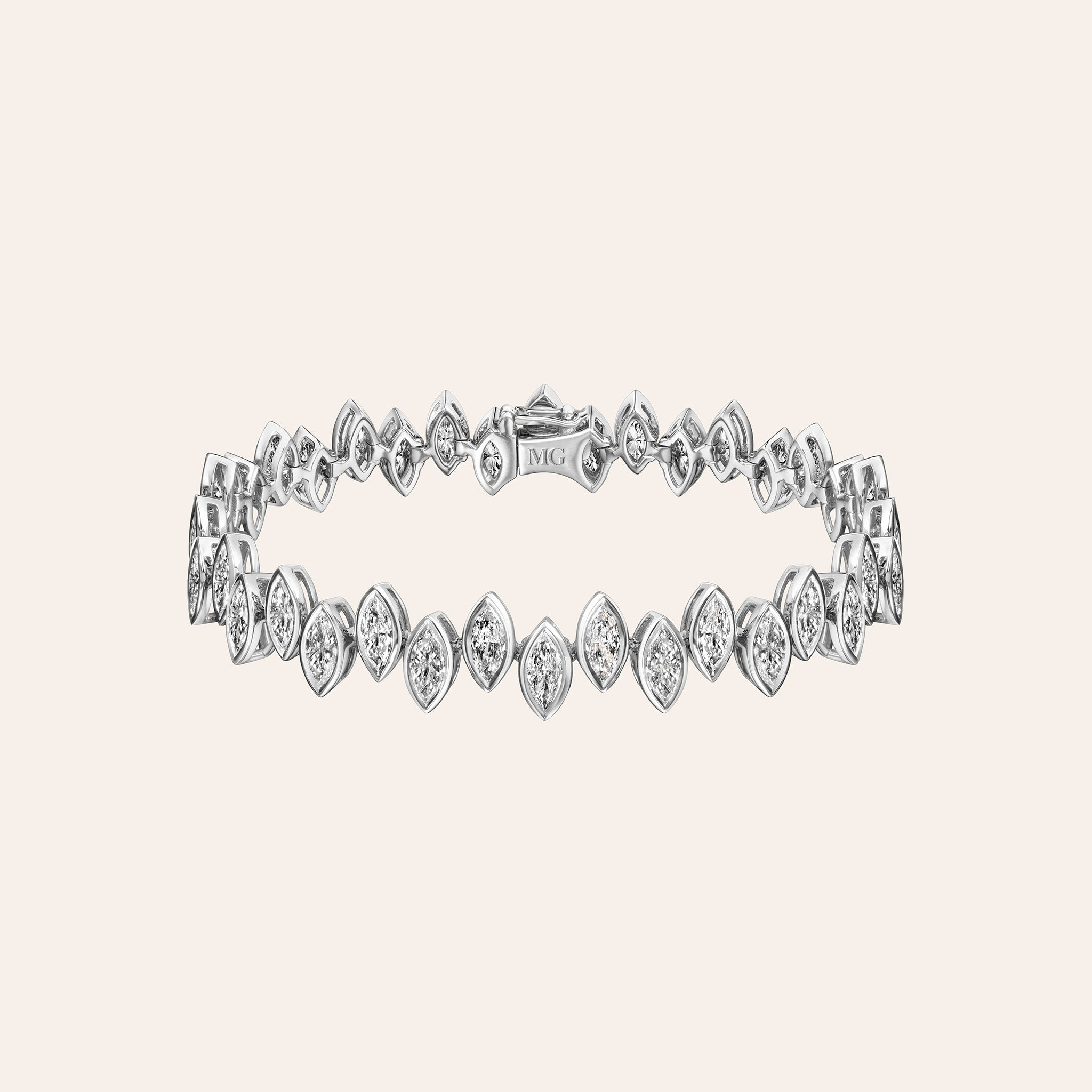 Ferra bracelet in 18K white gold with bezel-set marquise diamonds, 9.00 total carats.