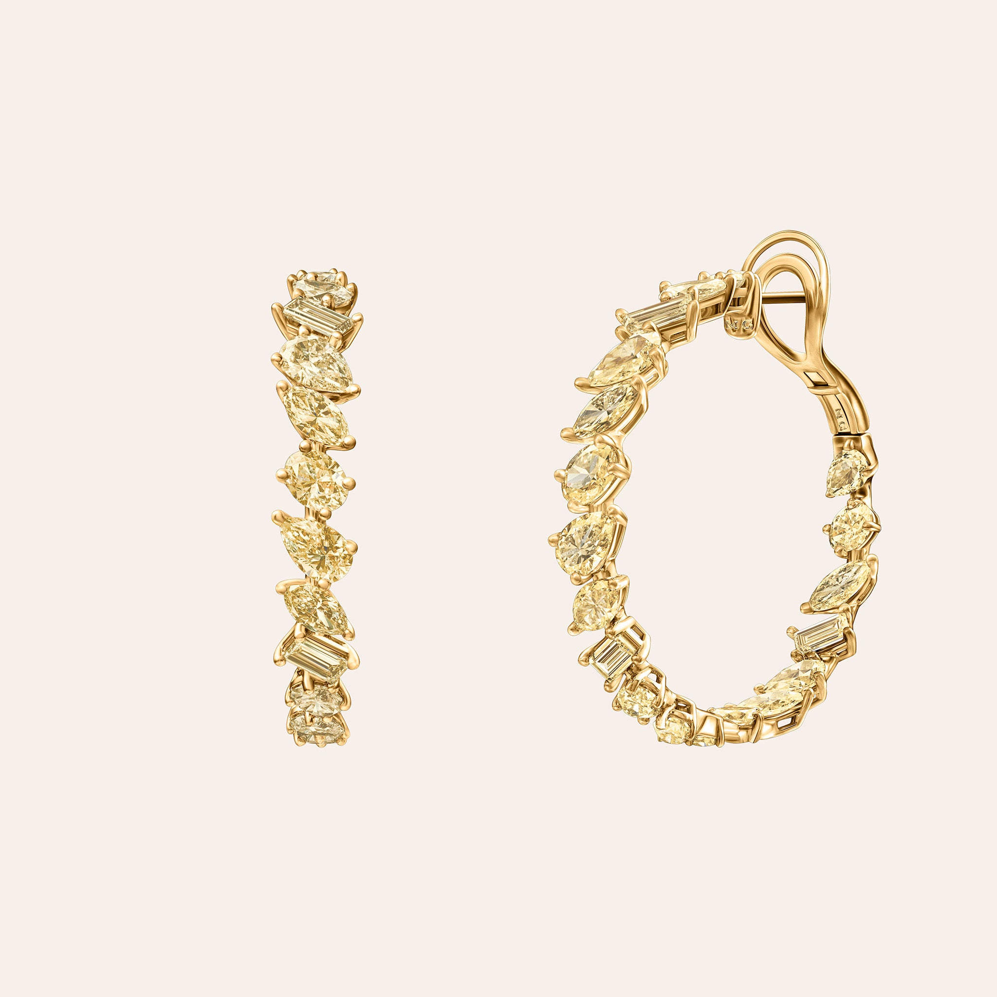 Fancy Yellow Multi-Shape Hoops with 15.54 ct of alternating multi-shape yellow diamonds set in 18k yellow gold
