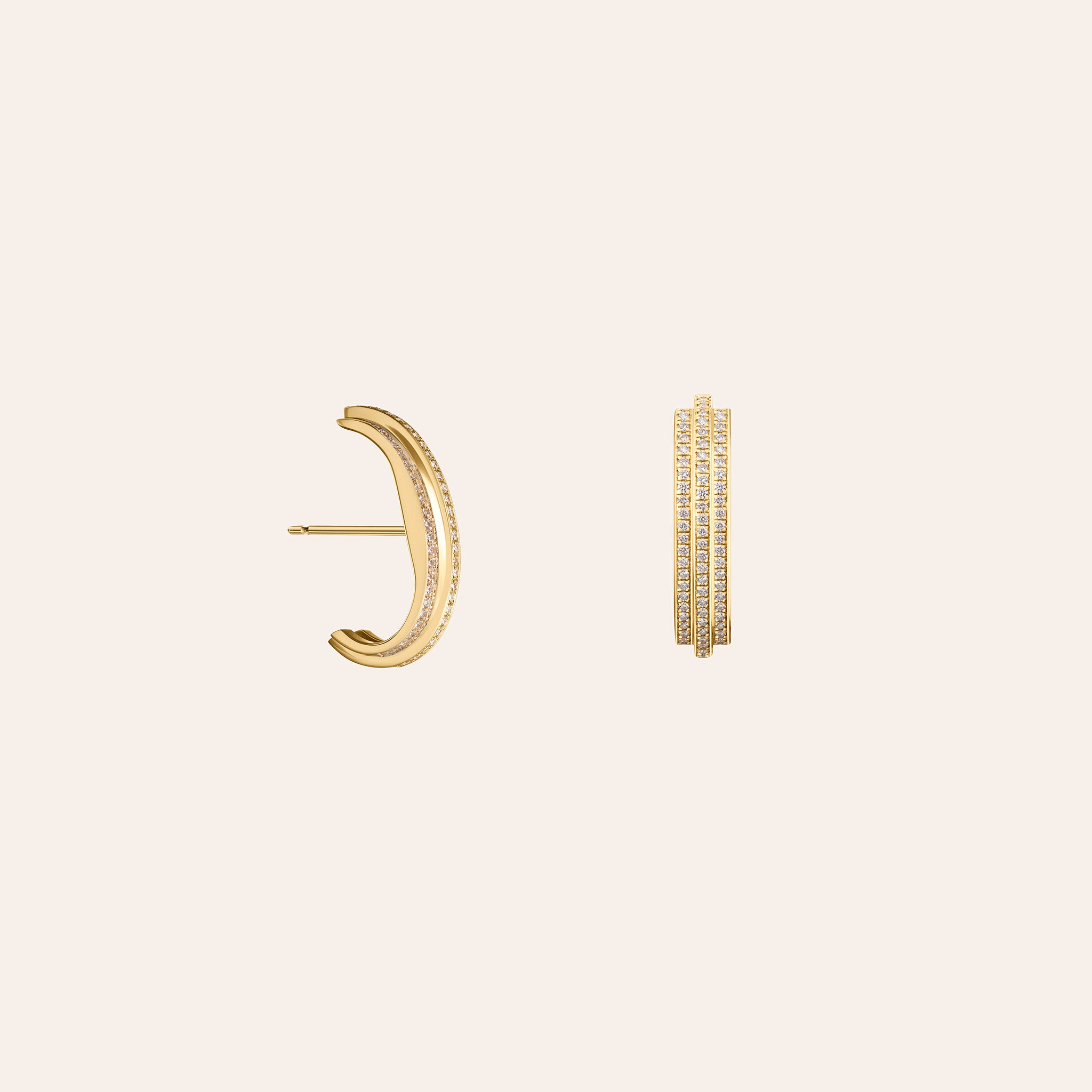 Āzlee Staircase Full Pavé Cuffed Studs in 18K yellow gold covered in pavé diamonds on an ivory background, alternate view
