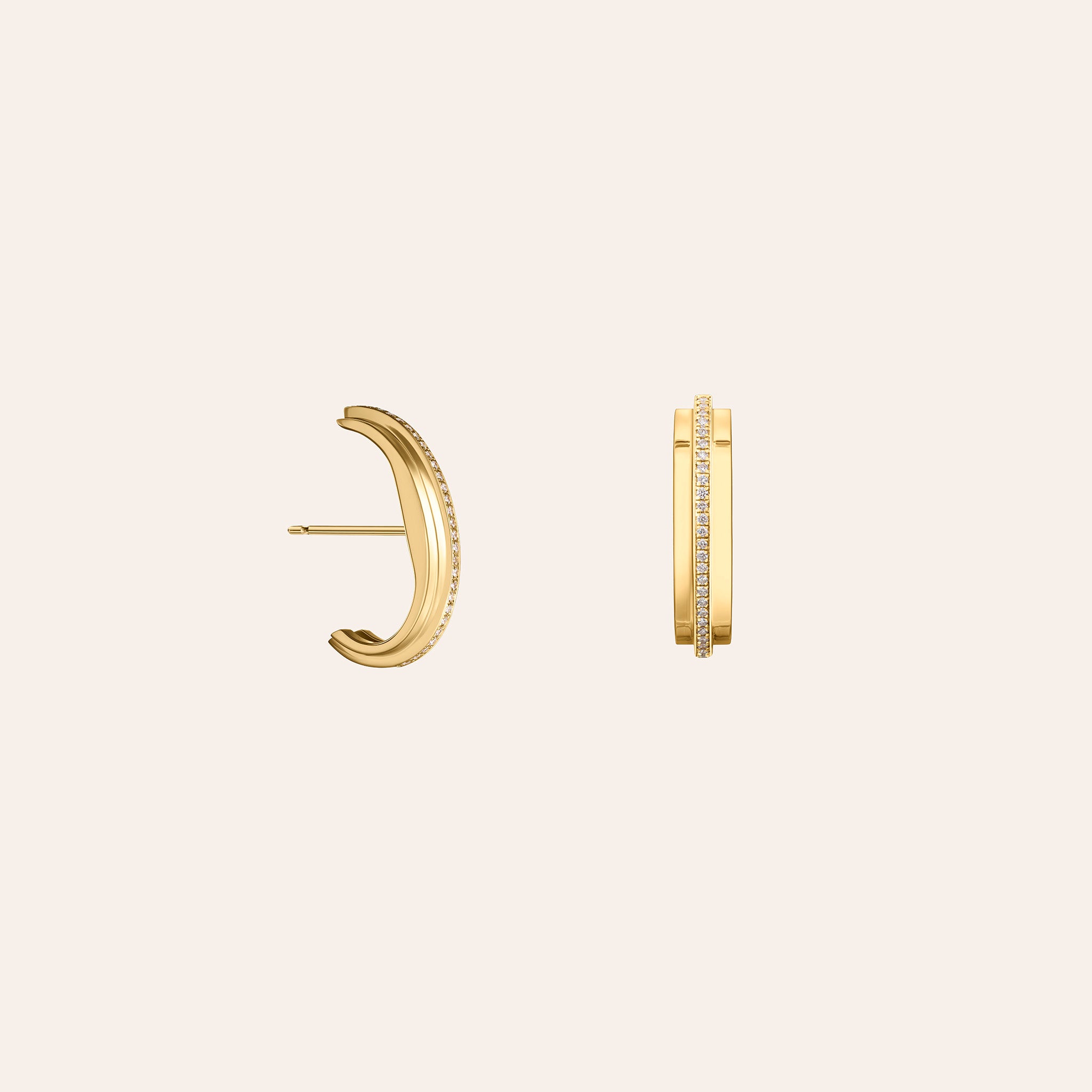Āzlee Staircase Center Pavé Cuffed Studs in 18K yellow gold on an ivory background, alternate view