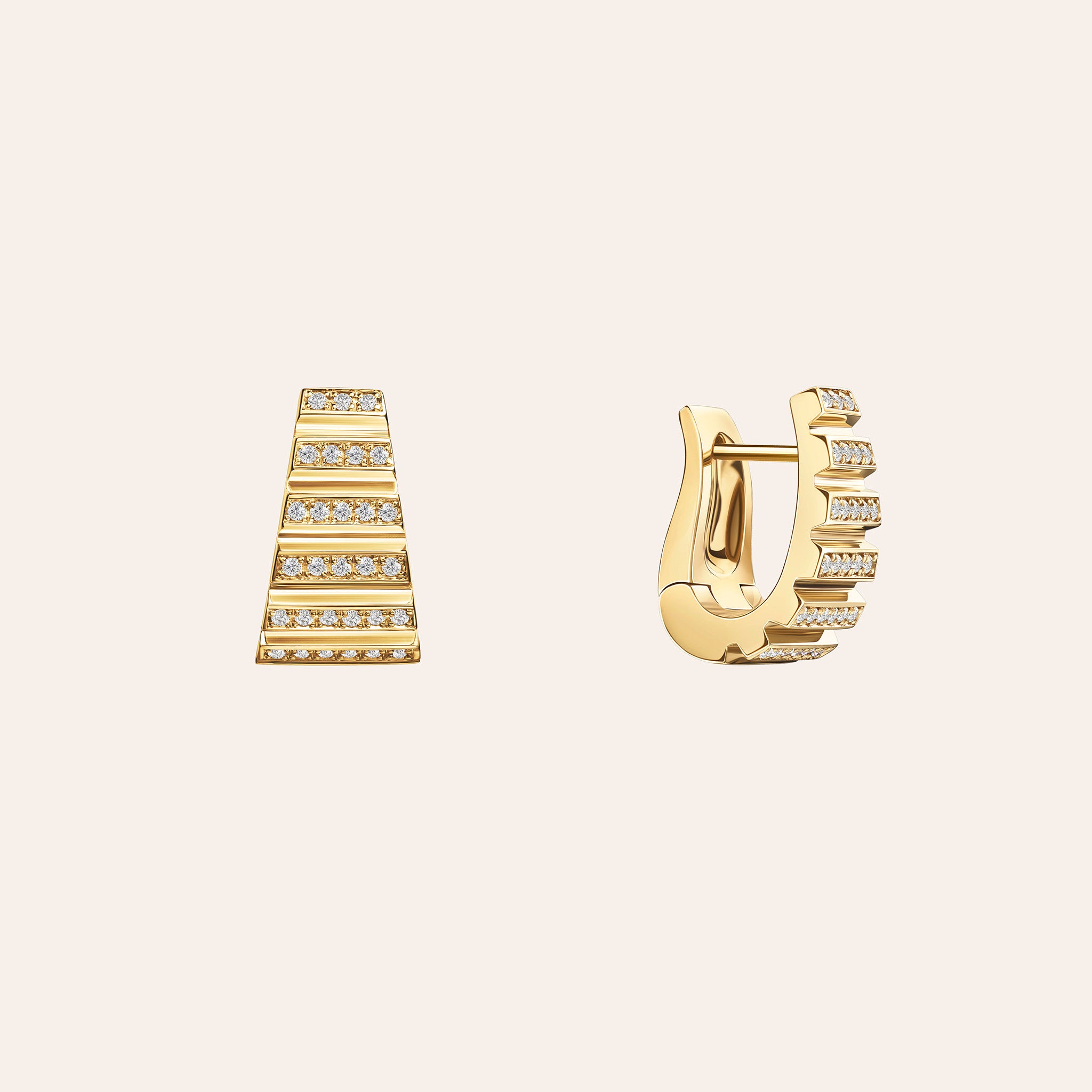 Āzlee Escalier Large Pavé Hoops in 18K yellow gold with pavé diamonds on an ivory background, alternate view
