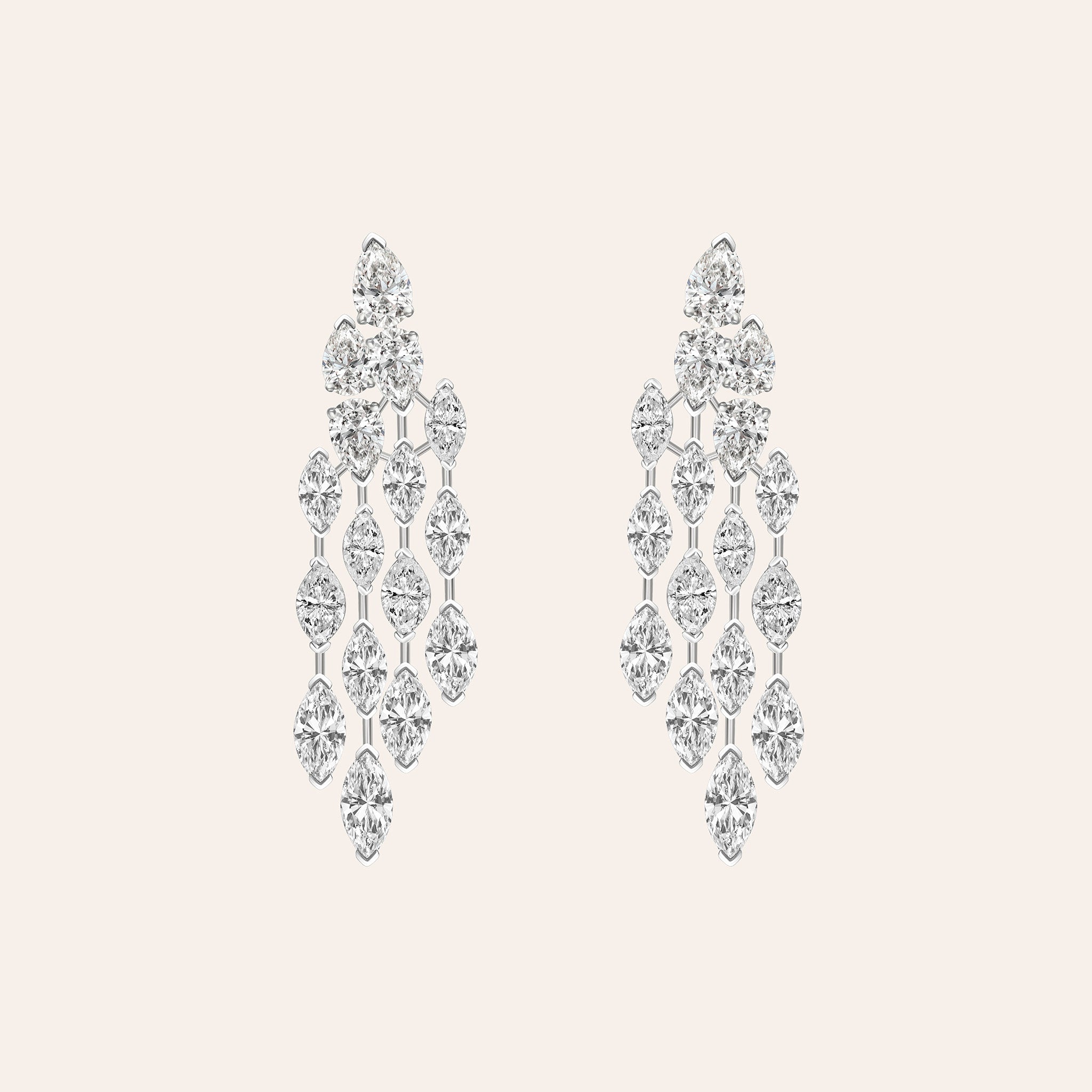 18K white gold four-row drop earrings with 10.27ct of pear and marquise diamonds in a sculptural cascading design.