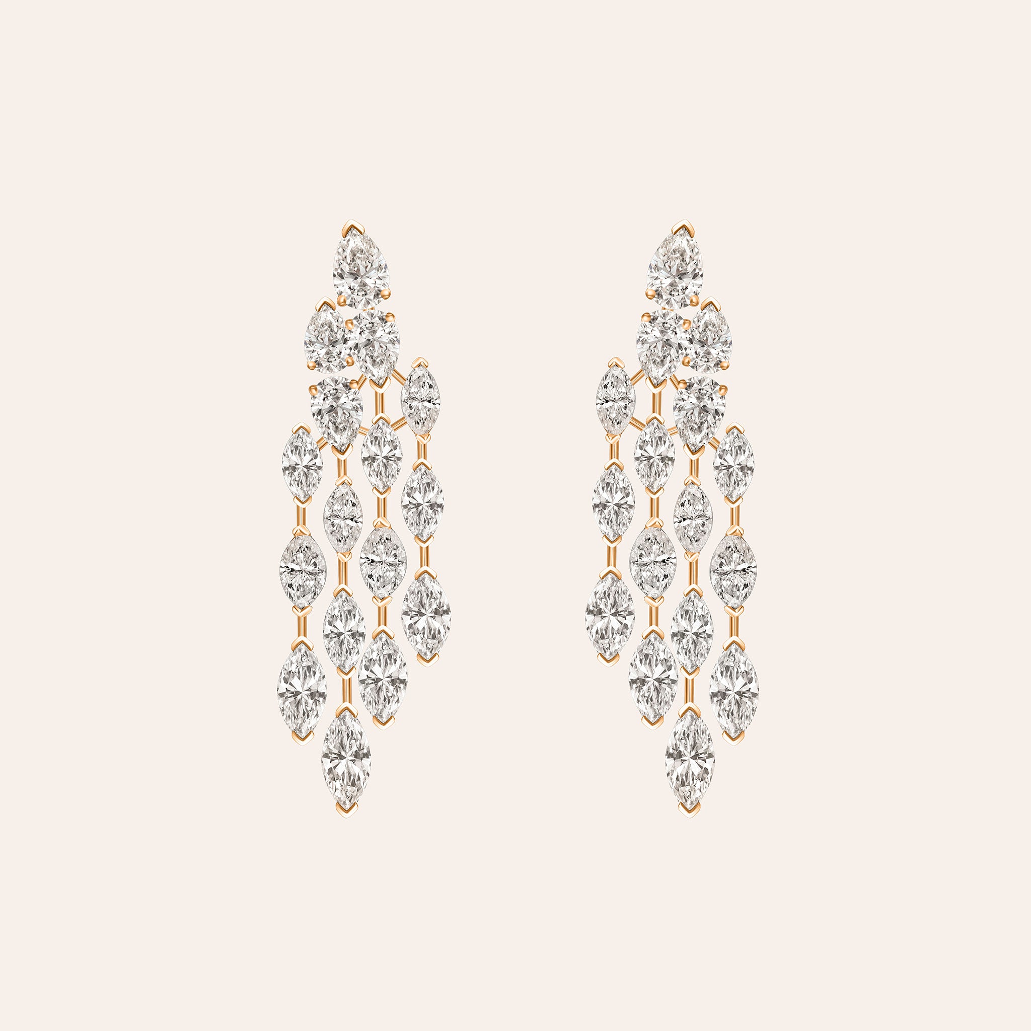 18K rose gold four-row drop earrings with 10.27ct of pear and marquise diamonds in a sculptural cascading design.
