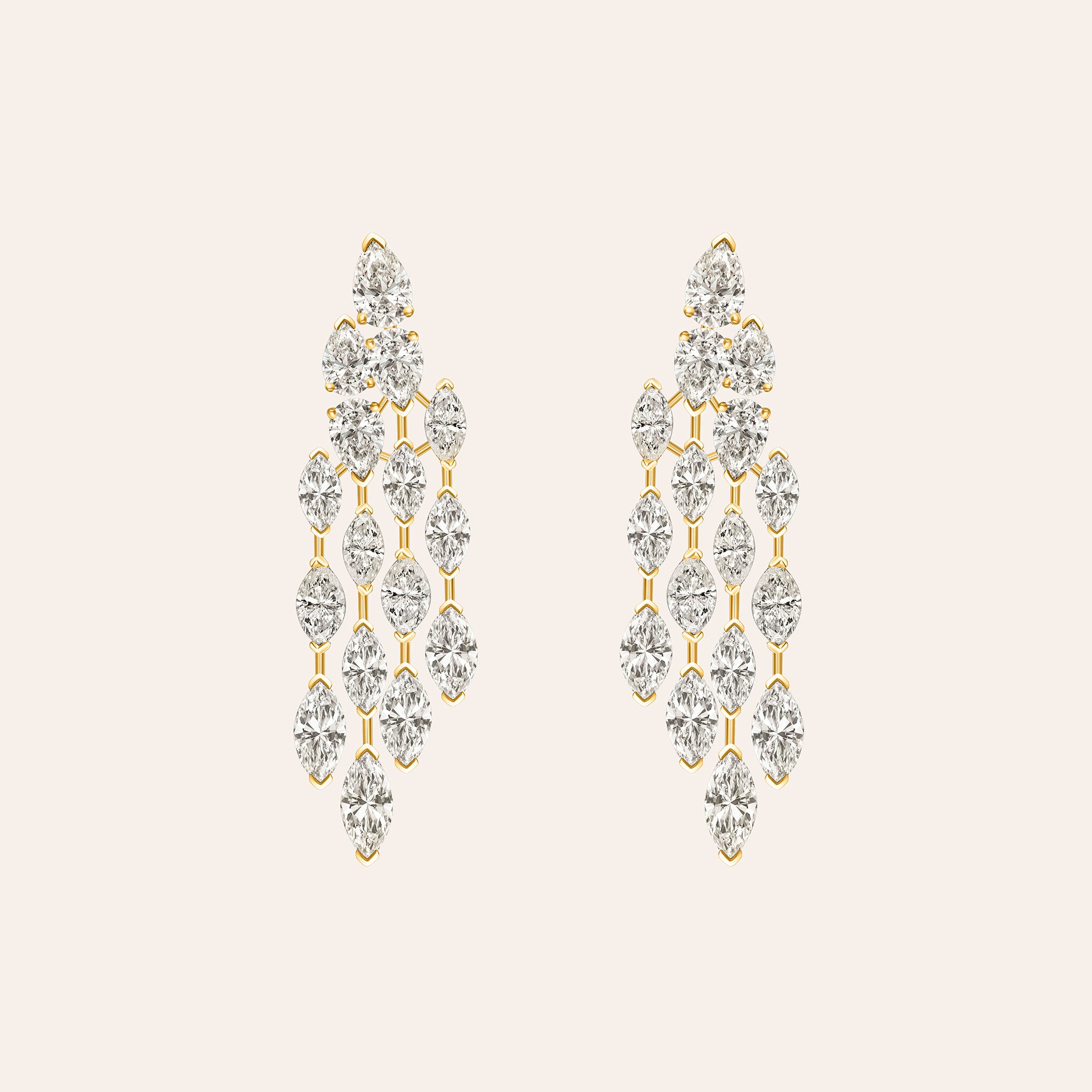18K yellow gold four-row drop earrings with 10.27ct of pear and marquise diamonds in a sculptural cascading design.