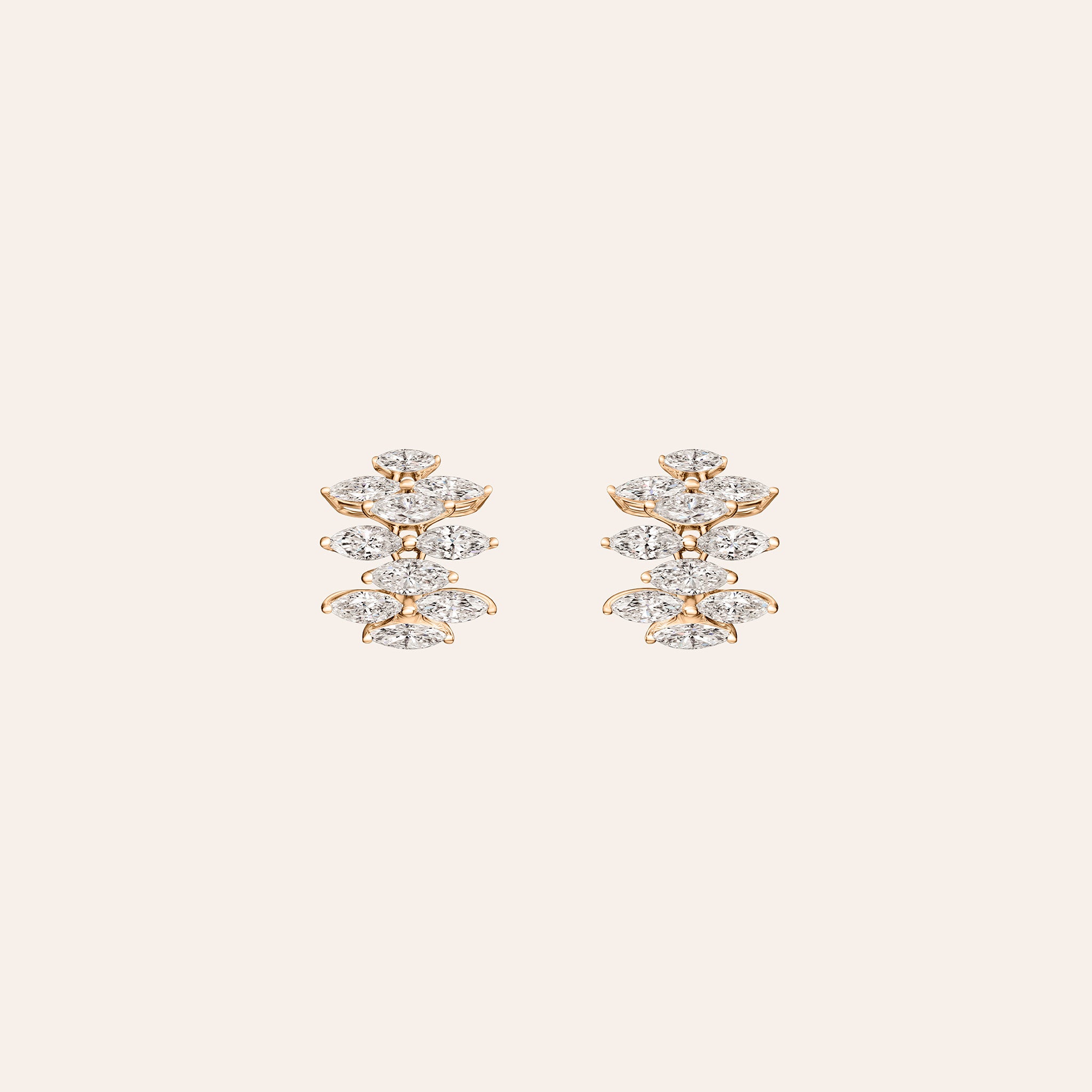 Mini Ferra diamond earrings in 18K white, yellow, and rose gold shown front and side, with omega back open.