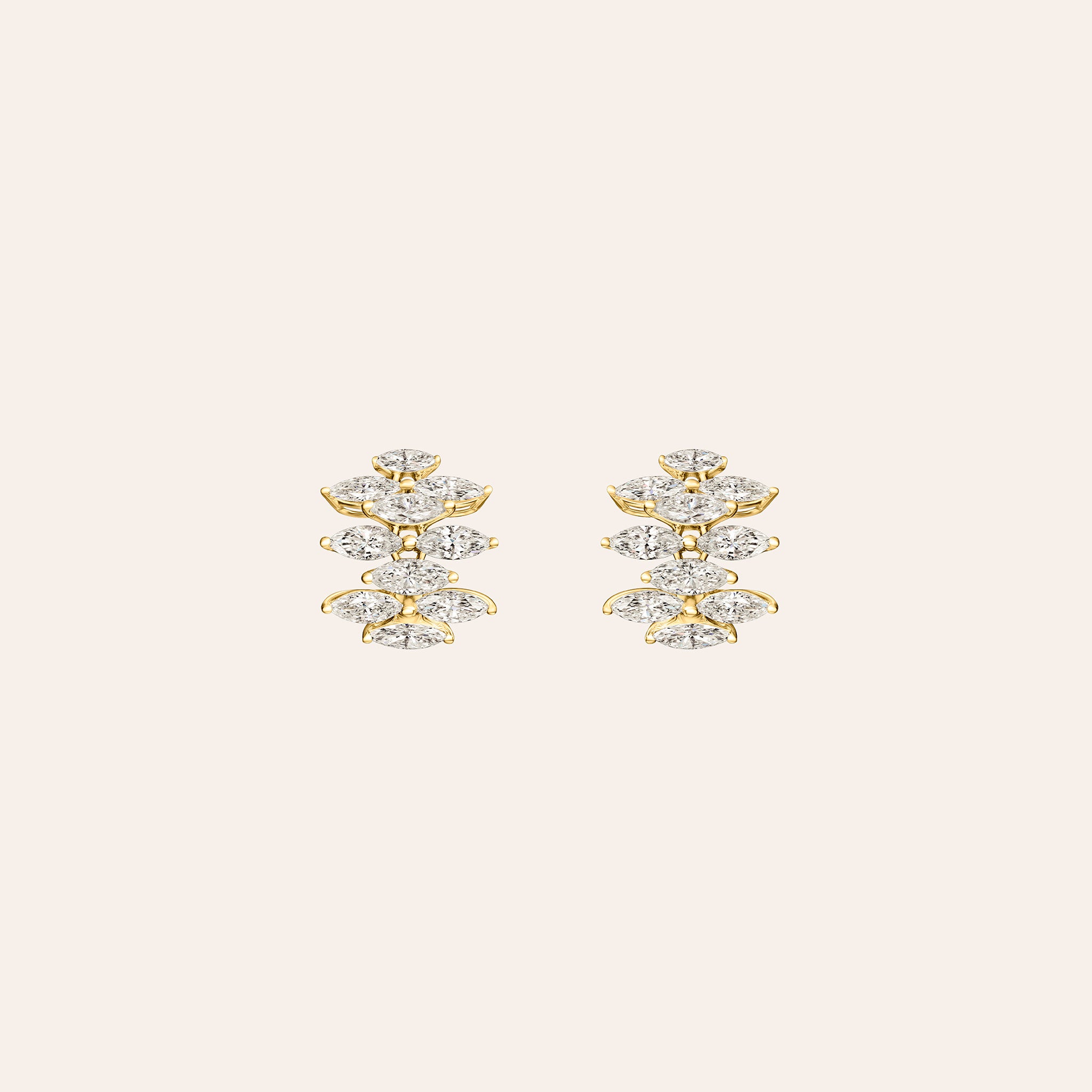 Mini Ferra diamond earrings in 18K white, yellow, and rose gold shown front and side, with omega back open.