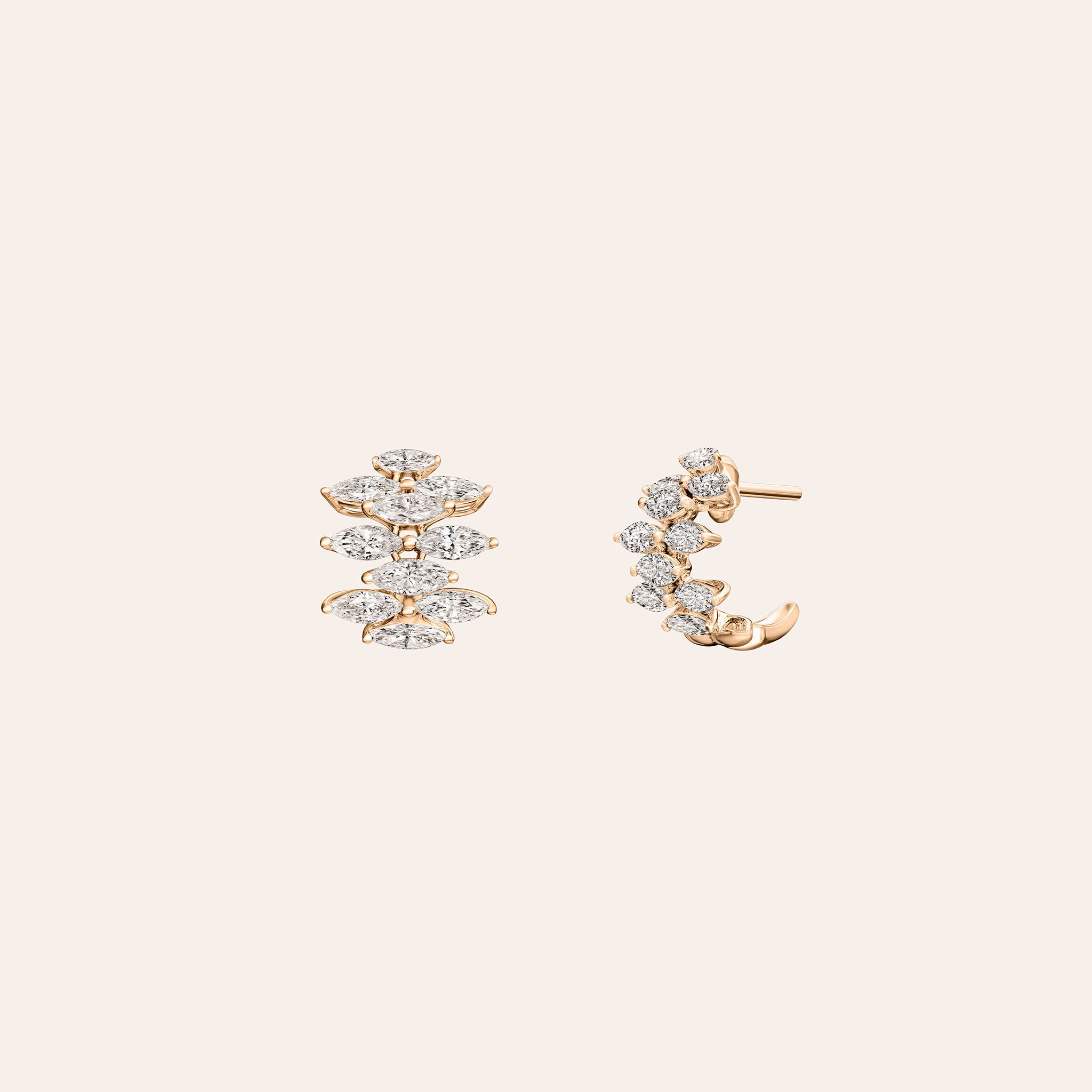 Mini Ferra diamond earrings in 18K white, yellow, and rose gold shown front and side, with omega back open.