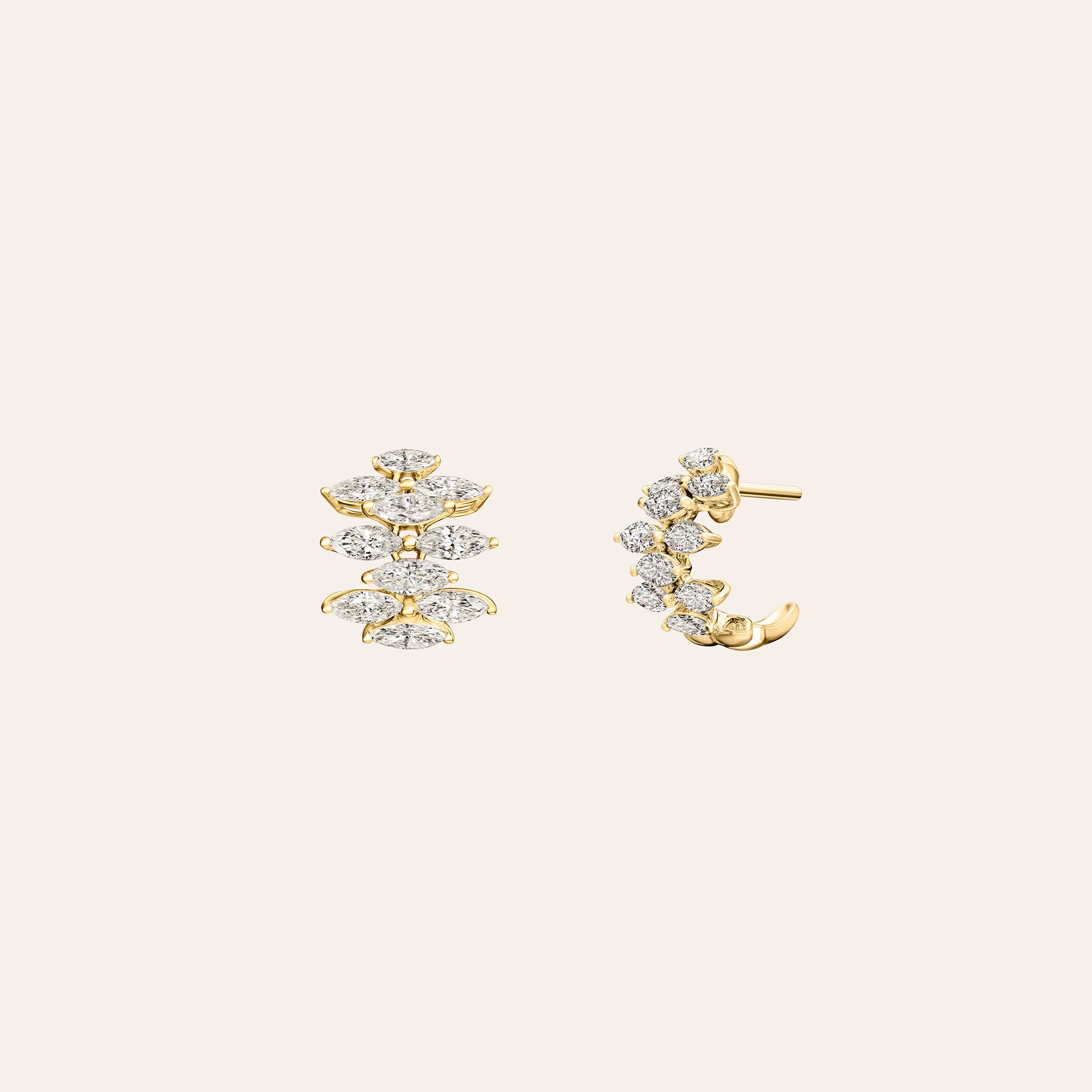 Mini Ferra diamond earrings in 18K white, yellow, and rose gold shown front and side, with omega back open.