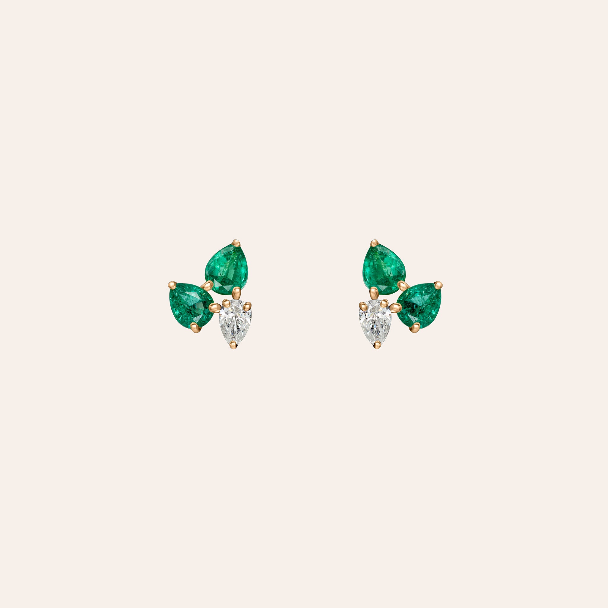 Material Good emerald & diamond cluster studs – pear-shaped emerald over pear-shaped diamond set in 18K rose gold