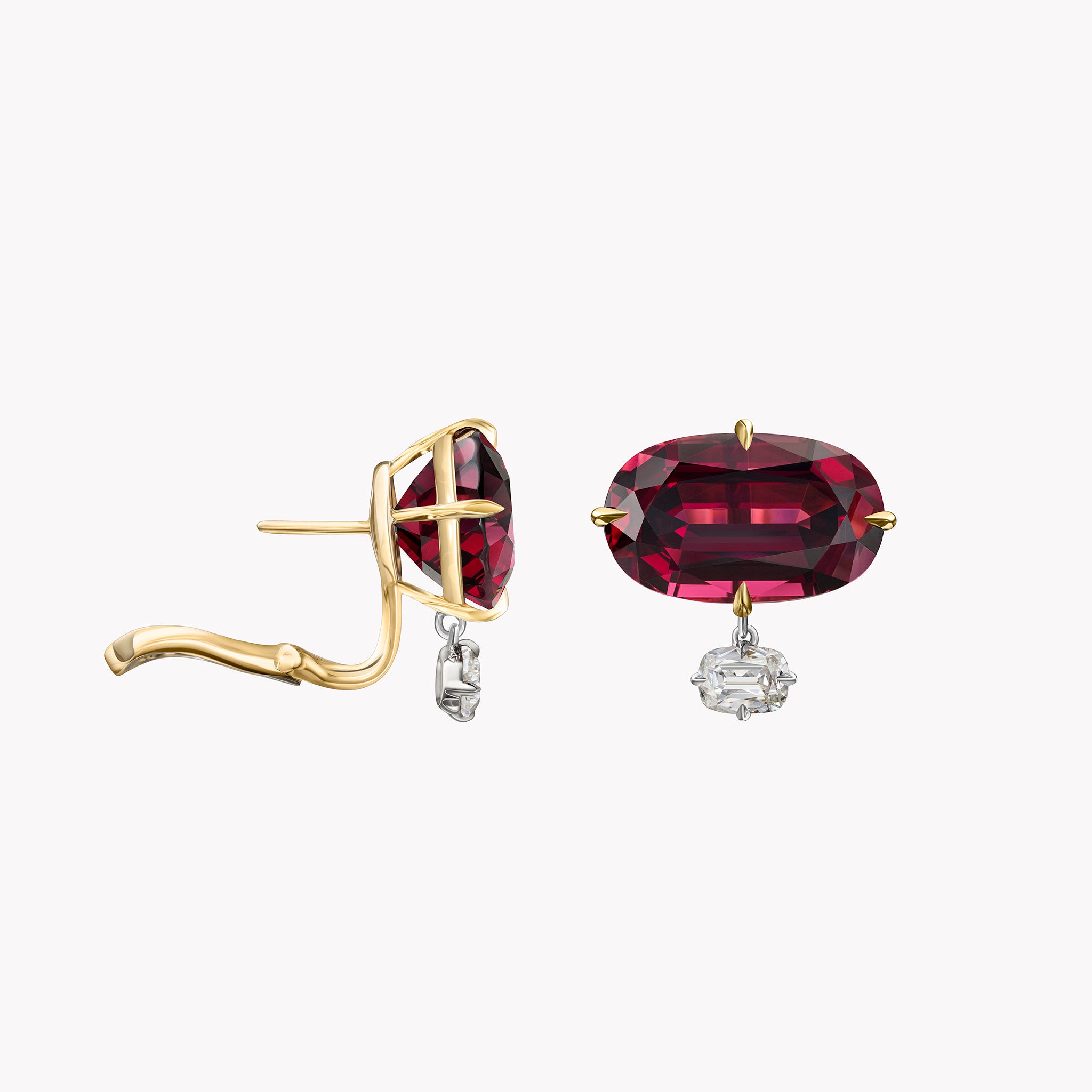 Rhodolite garnet and diamond omega back stud earrings in 18K yellow and white gold with cushion-cut garnets and emerald-cut diamonds. Side Angle. 