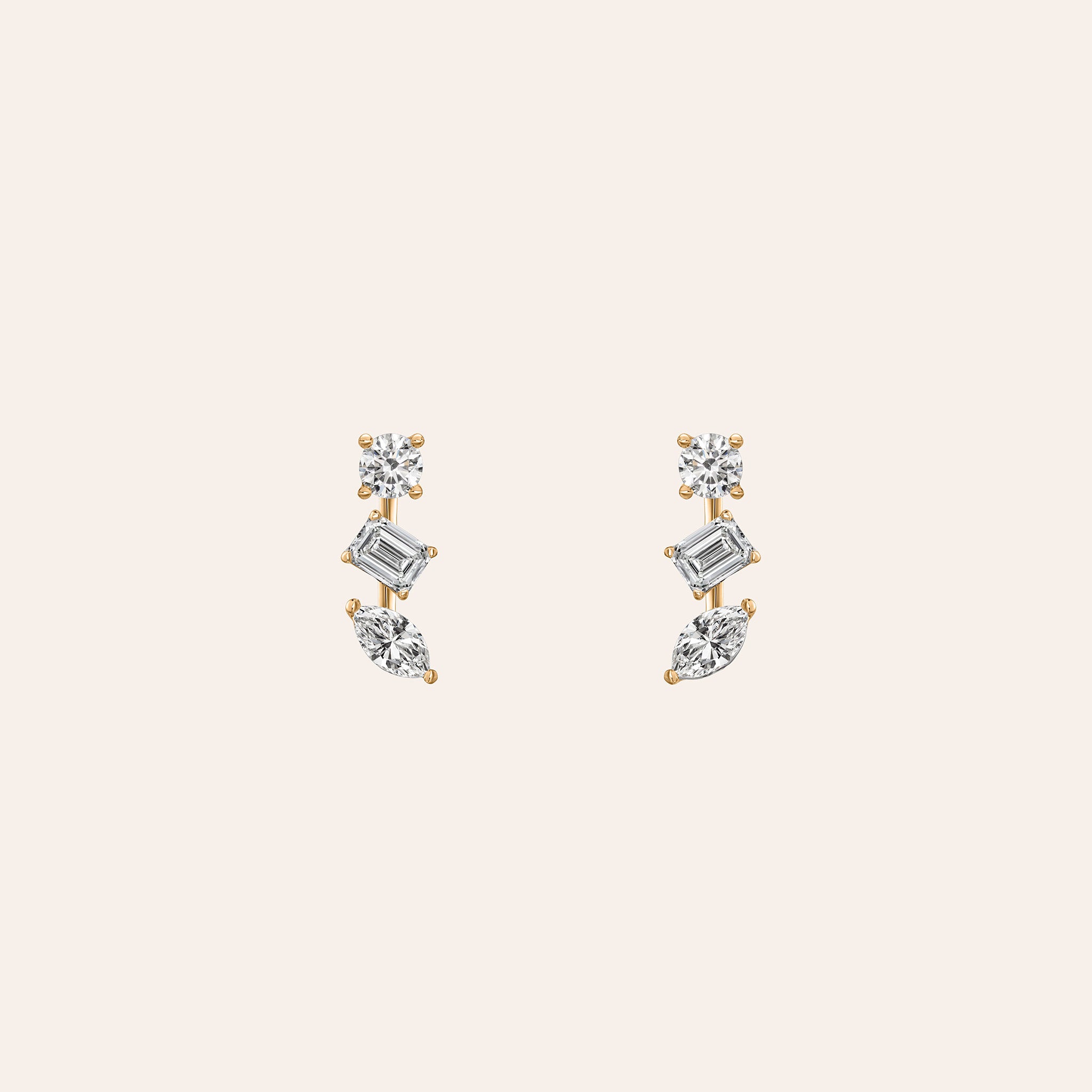 Fancy Shape Bar Studs with 1.49 carats of multi-shape diamonds in 18K white, yellow, or rose.