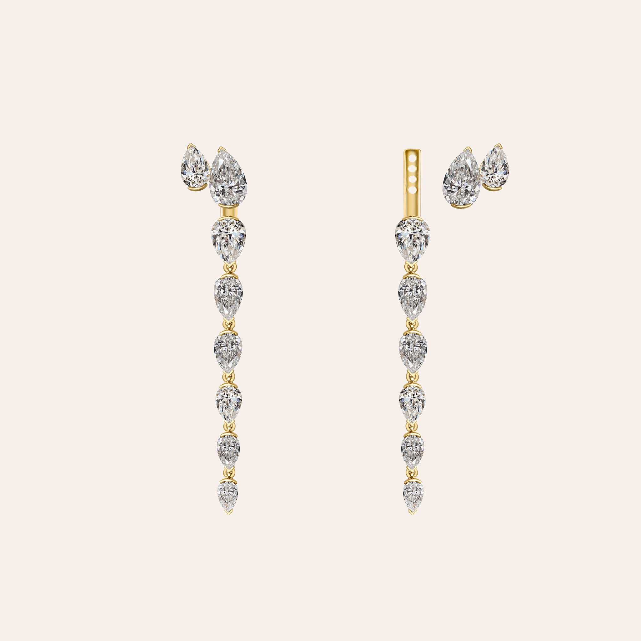 A pair of gold and diamond drop earrings displayed on a light cream background. The earrings feature a gold post with a vertical line of marquise-cut diamonds, with a matching pair of stud earrings shown to the right.