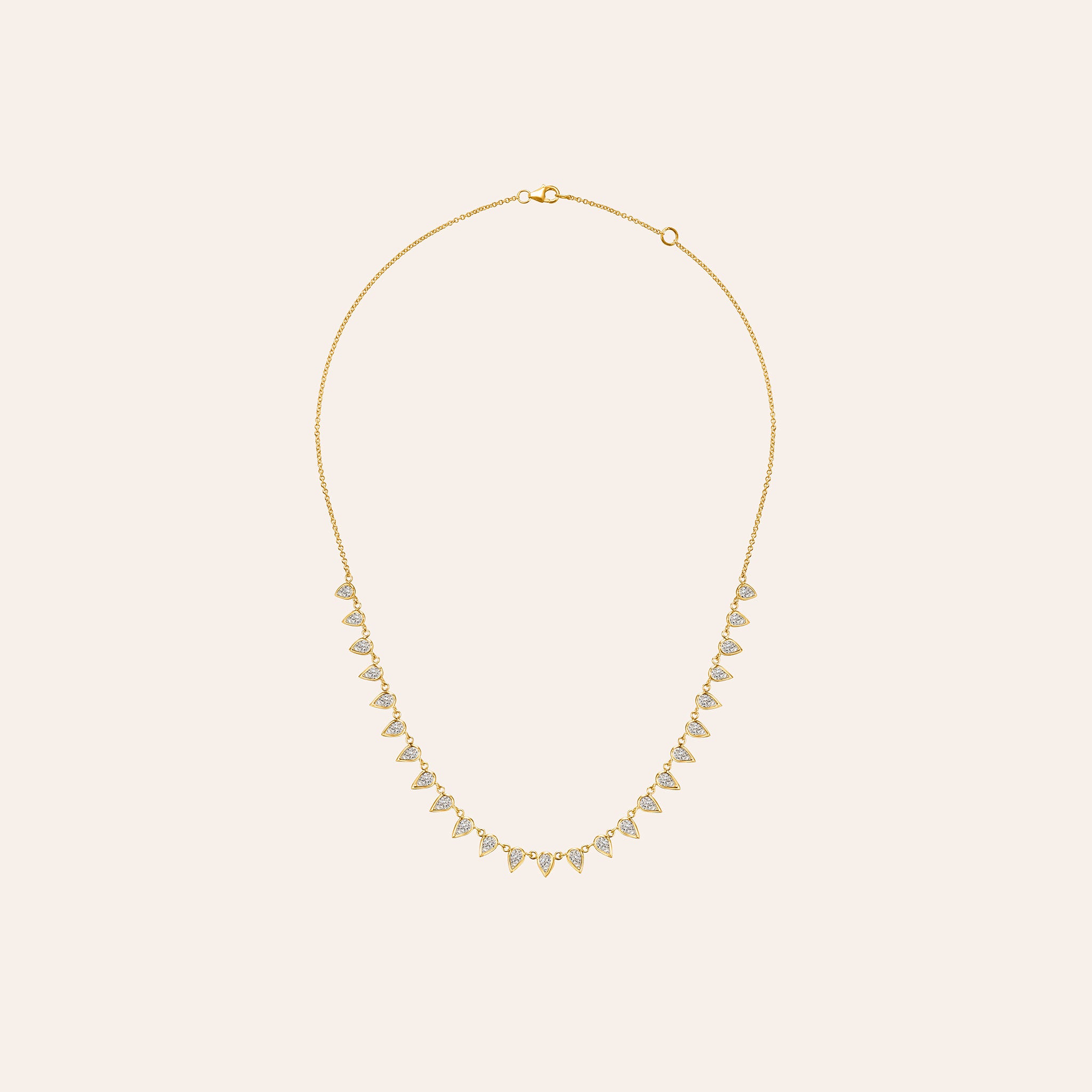 18K yellow, white and rose gold necklace featuring approximately 3.75 ct of G/H color, VS-SI clarity pear-shaped diamonds in a fringe design.
