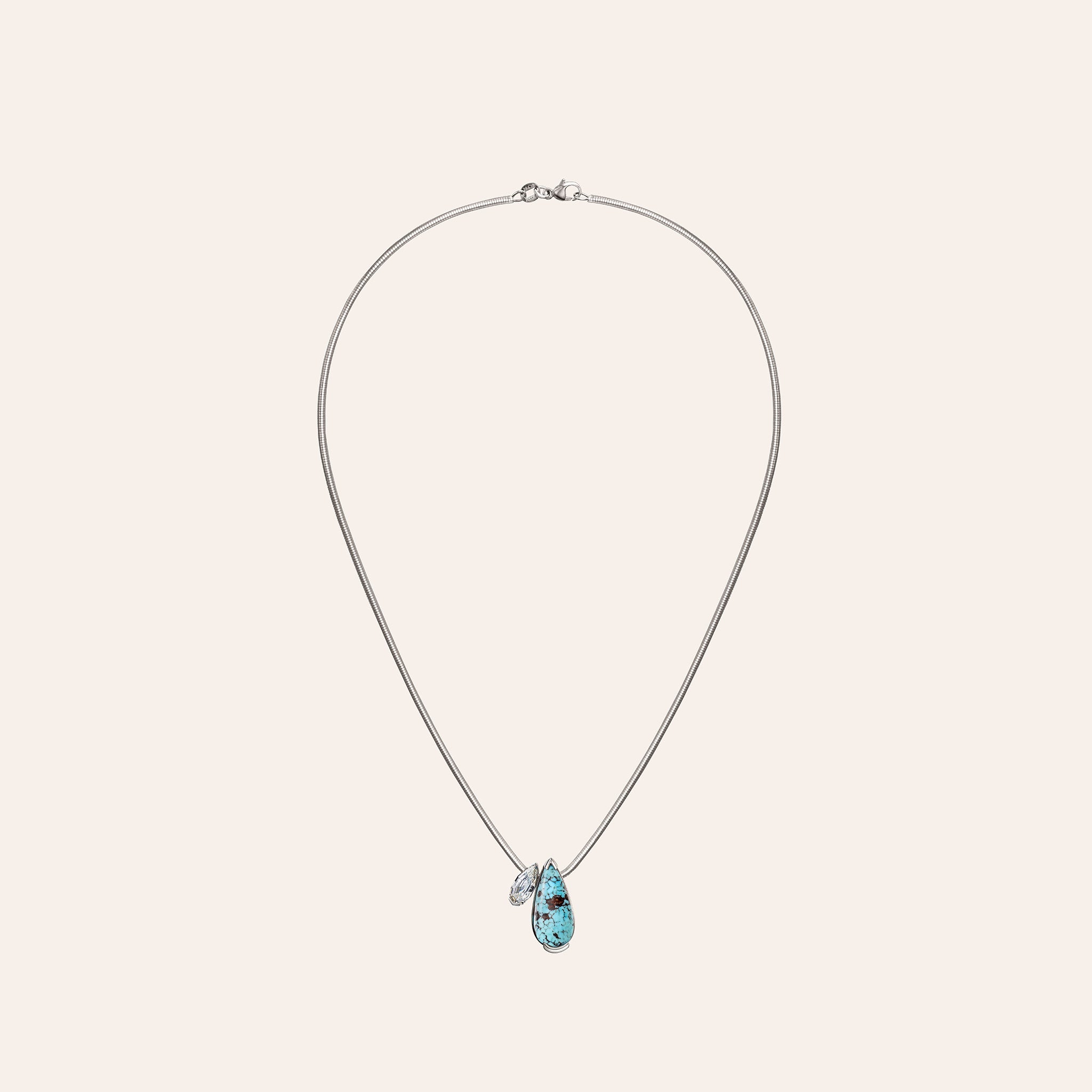 Alternate view of the Turquoise Muse Duo Pendant showing the pear turquoise and step-cut diamond in 18k white gold
