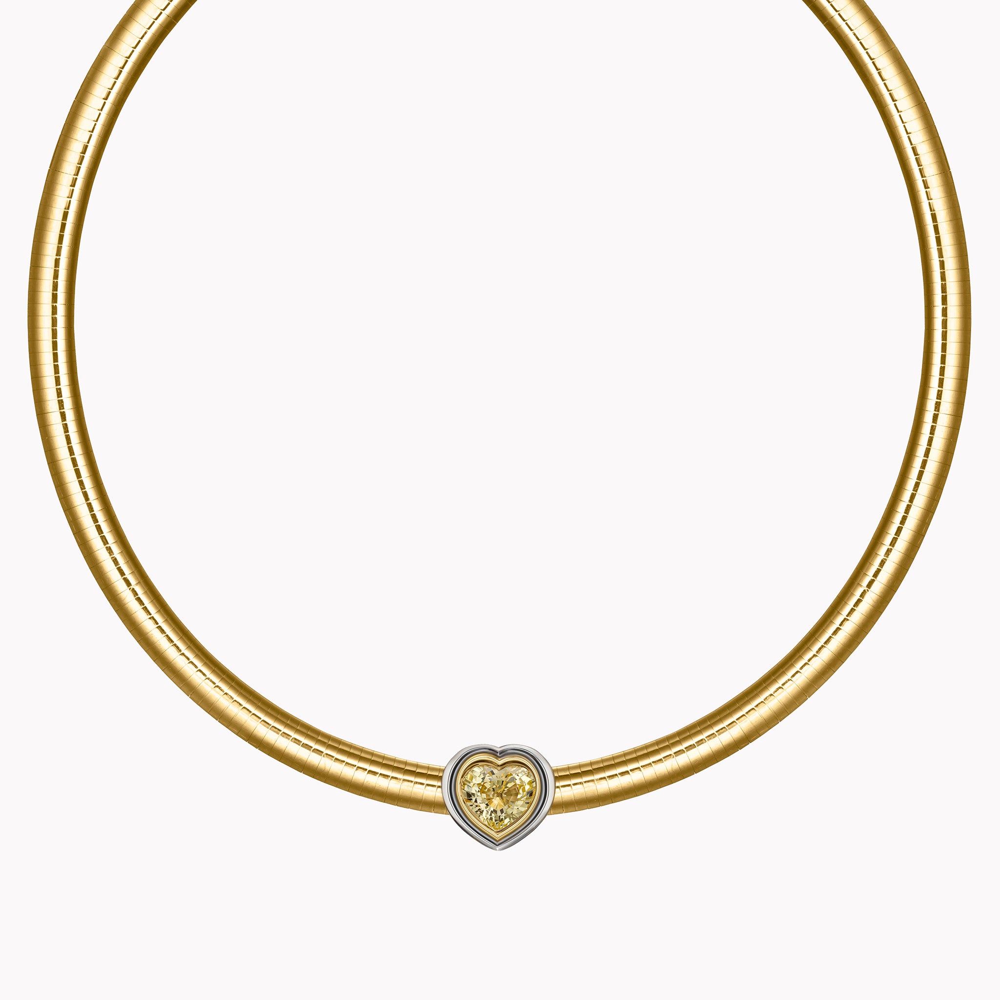 Heart-shaped 7.10 ct yellow sapphire omega necklace in platinum and 18K gold double bezel