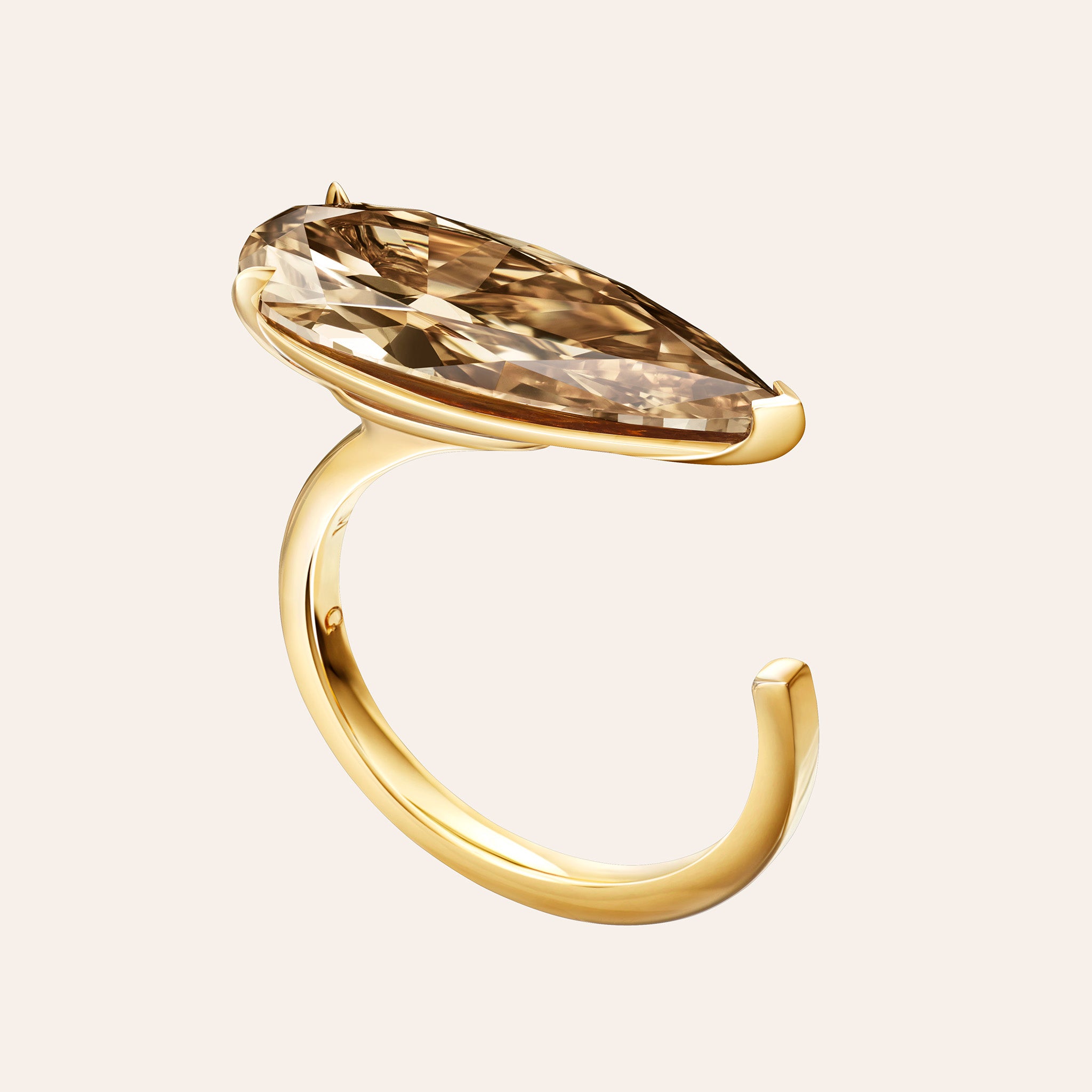 Alternate view of the Keira Fancy Brown-Yellow Diamond Ring showing the floating three-prong setting and open hook band
