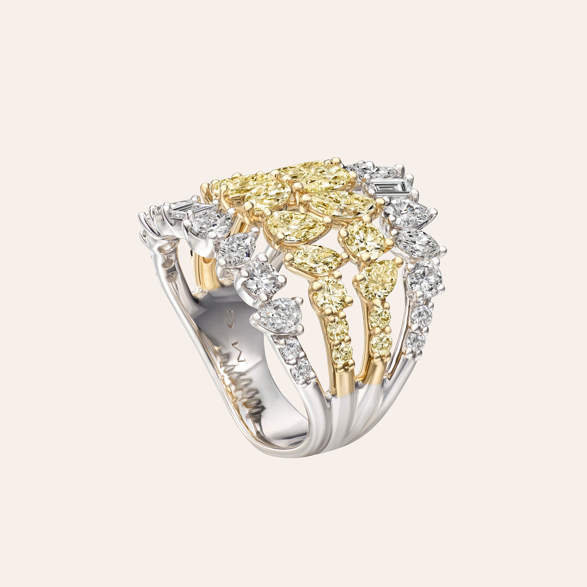 18K white gold three-row eternity band with 11.42ct of mixed diamond shapes arranged in an open, sculptural design.