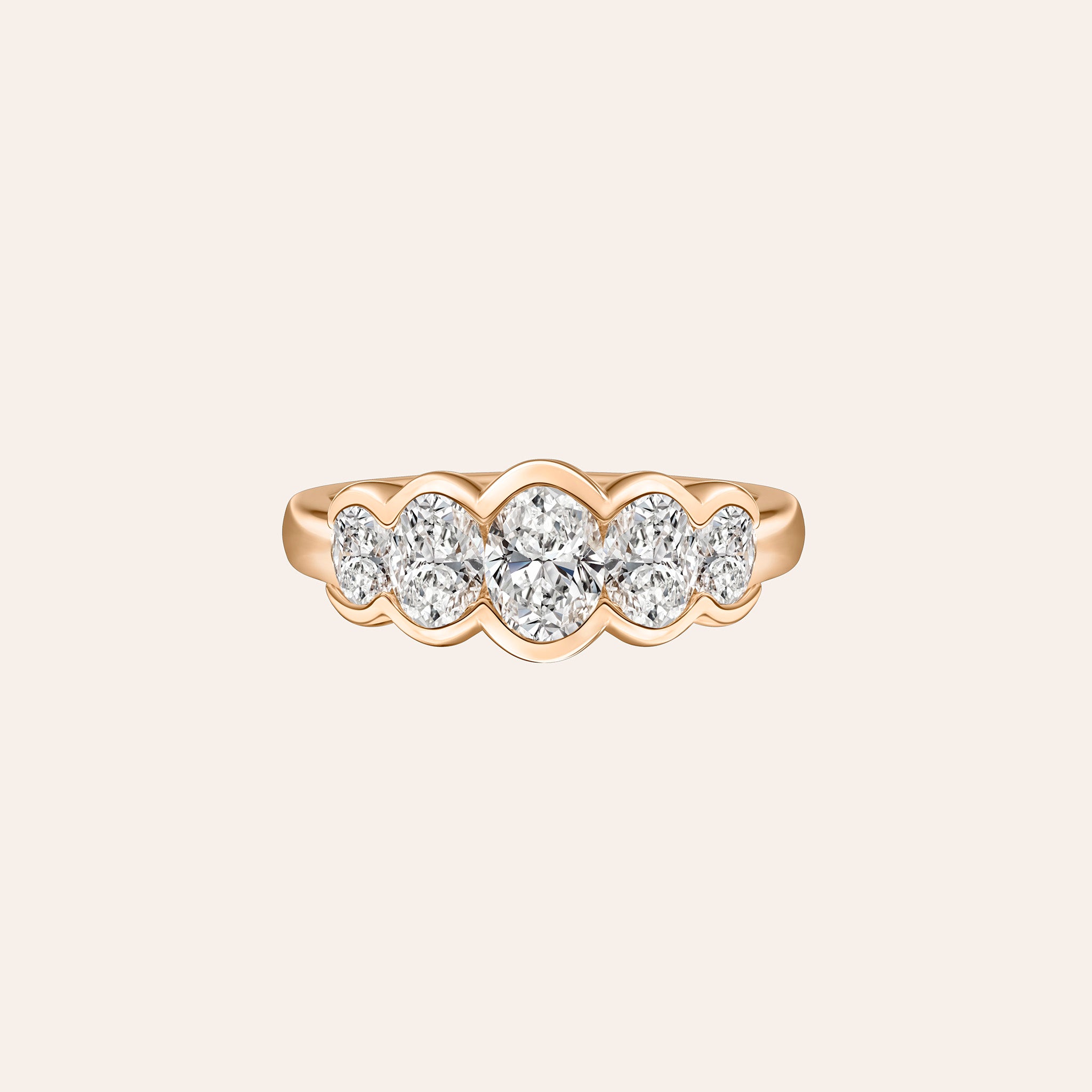 18K rose gold half-band ring featuring five bezel-set oval-cut diamonds, totaling 1.00 ct, in a graduated design