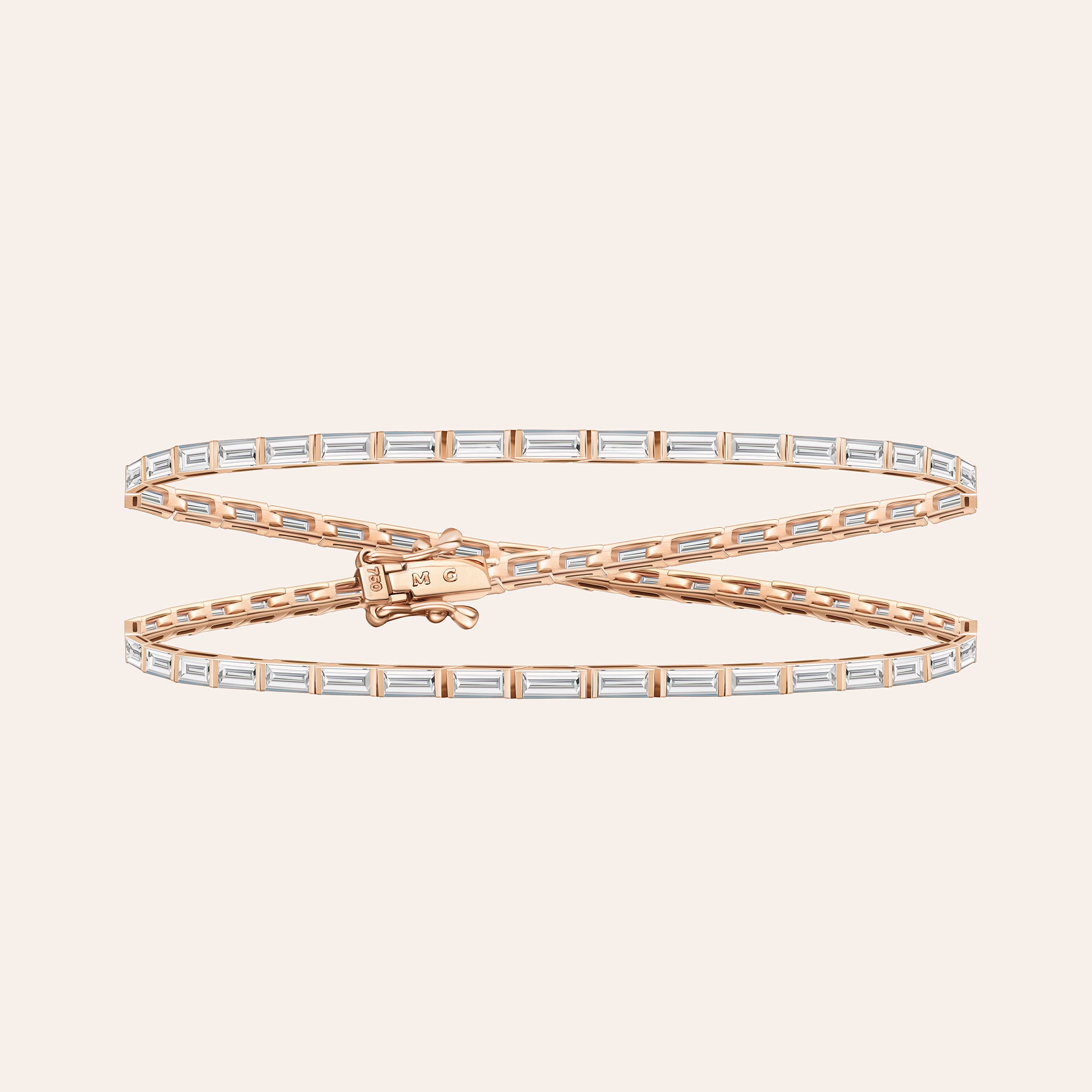 18K Rose gold Maia Wrap bracelet with 5.60 ct baguette-cut diamonds, designed to wrap twice around the wrist or worn as a choker, shown on white background.