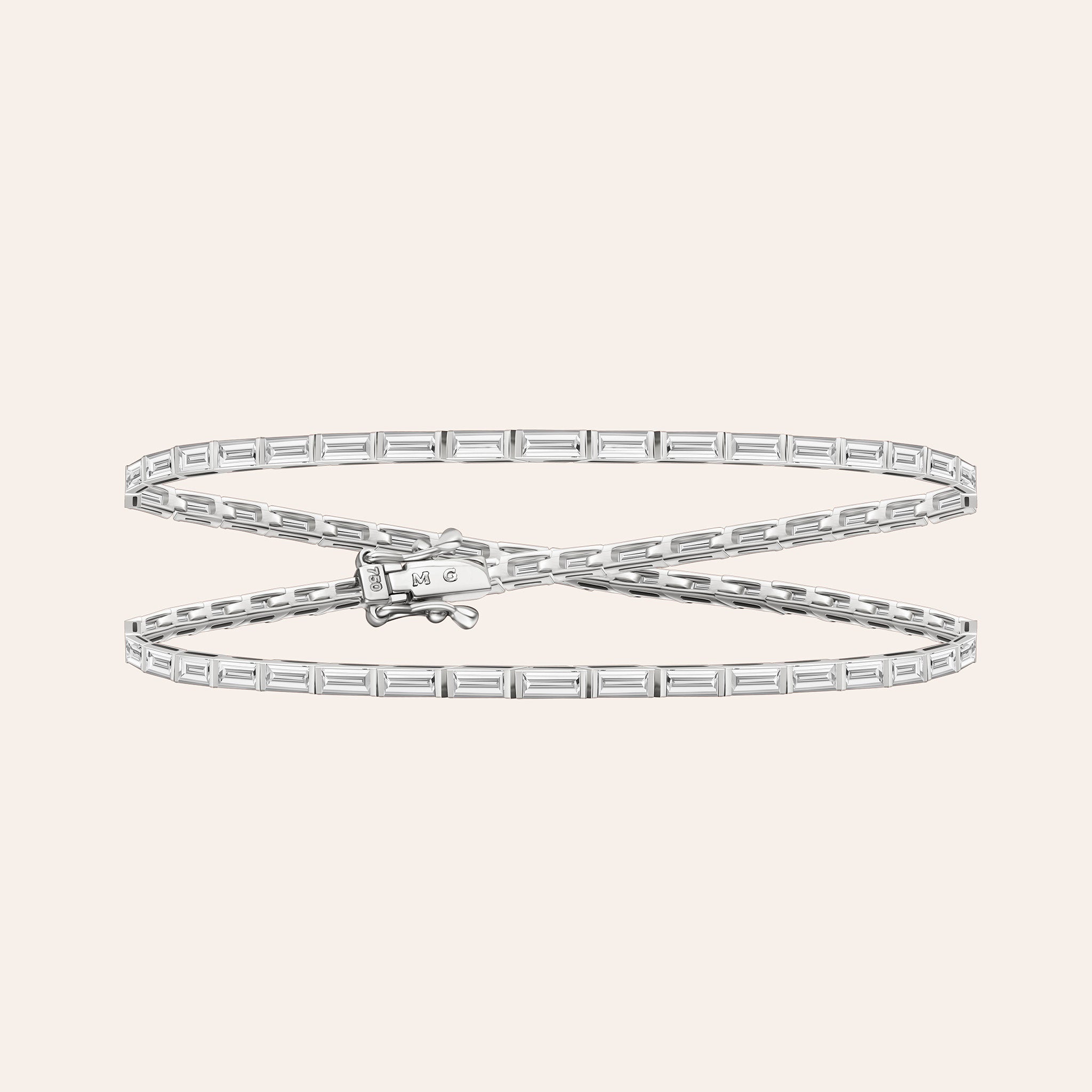 18K White gold Maia Wrap bracelet with 5.60 ct baguette-cut diamonds, designed to wrap twice around the wrist or worn as a choker, shown on white background.