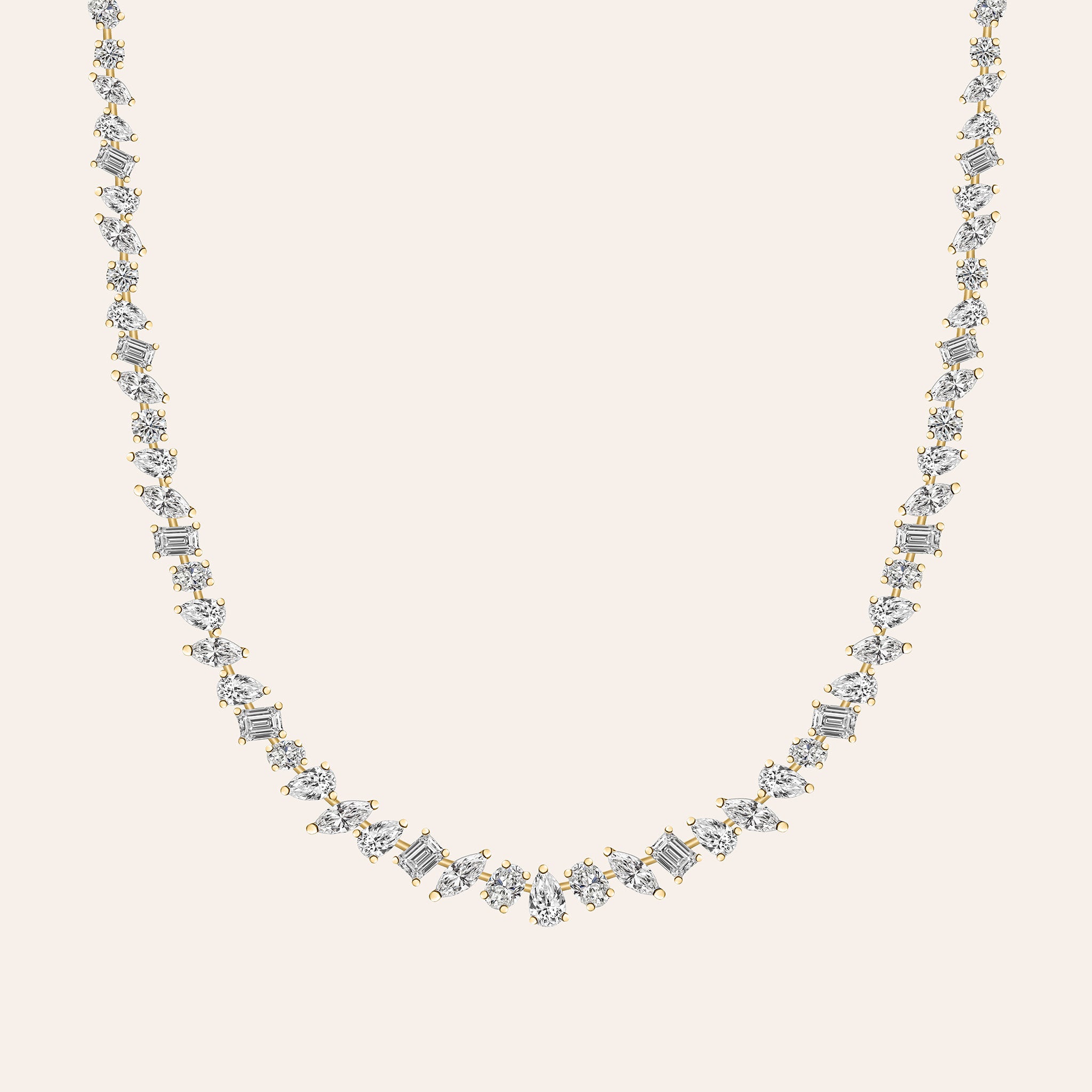 Medium Multi-Shape Diamond Necklace in 18K white, yellow, or rose gold featuring 15.36 carats of round, pear, marquise, and baguette-cut diamonds.