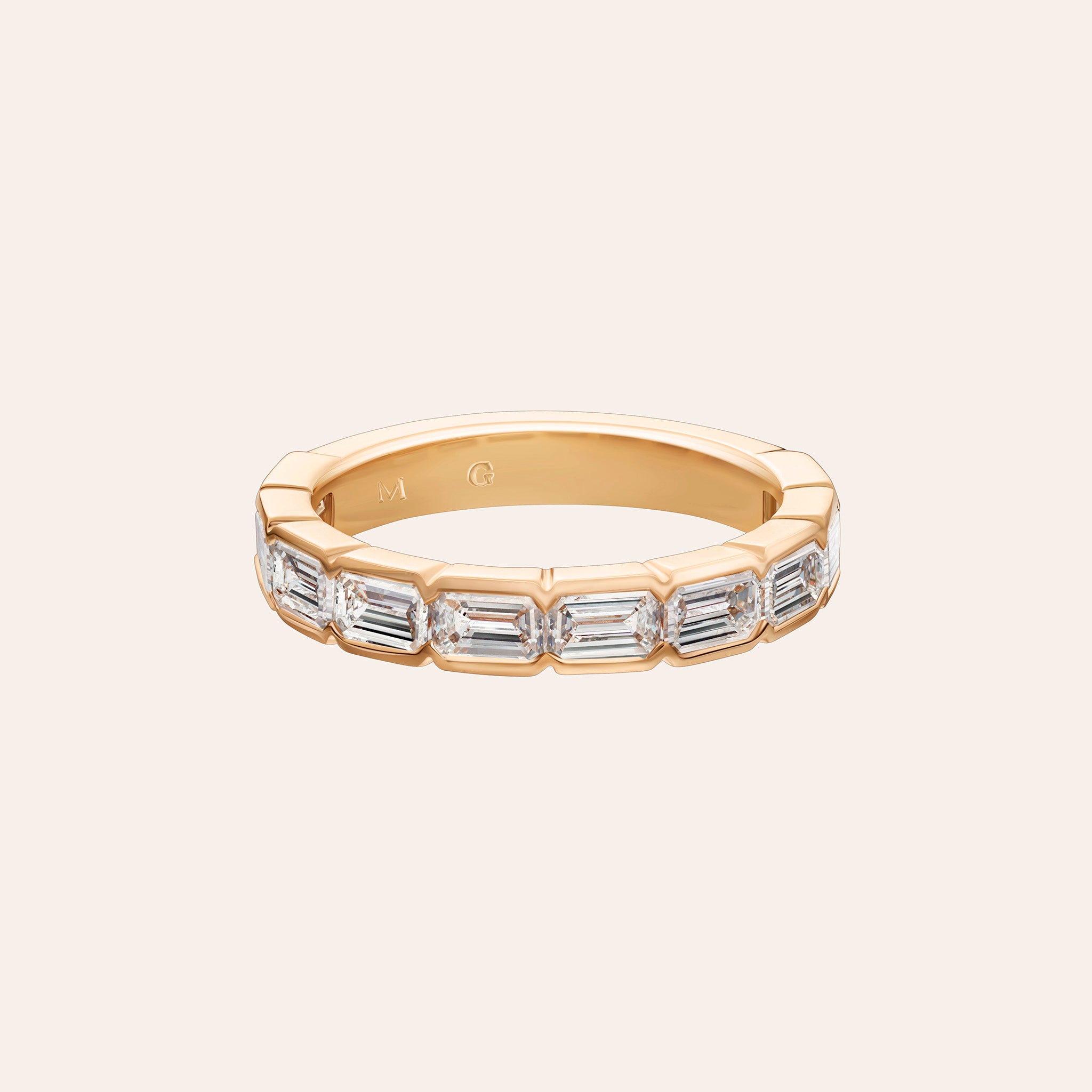 1.30 carats of east-west set emerald cut diamonds in 18K white, yellow and rose gold.