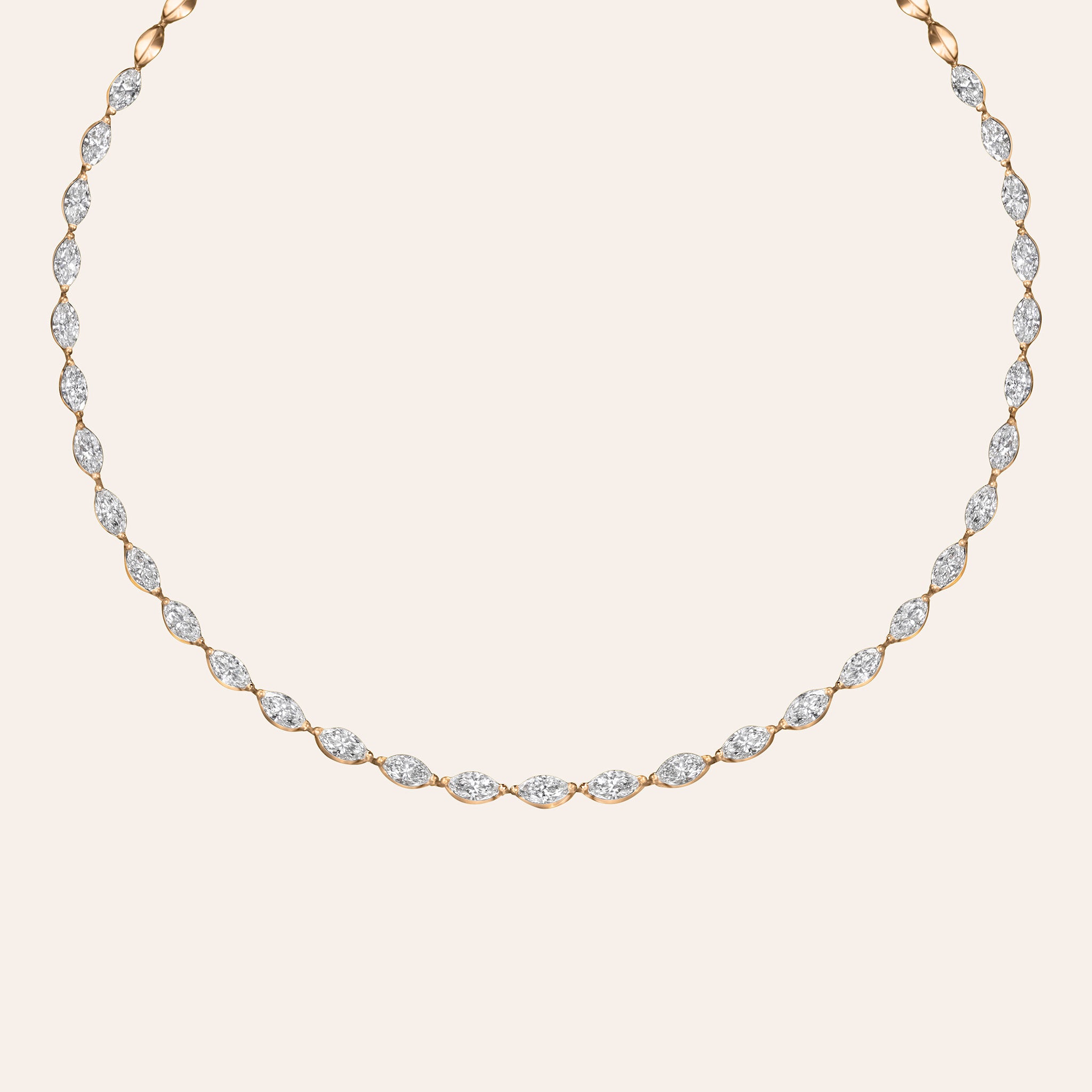 Full Elle diamond necklace in 18K Rose gold, marquise-cut diamonds set east-west with 13.34 total carats close up