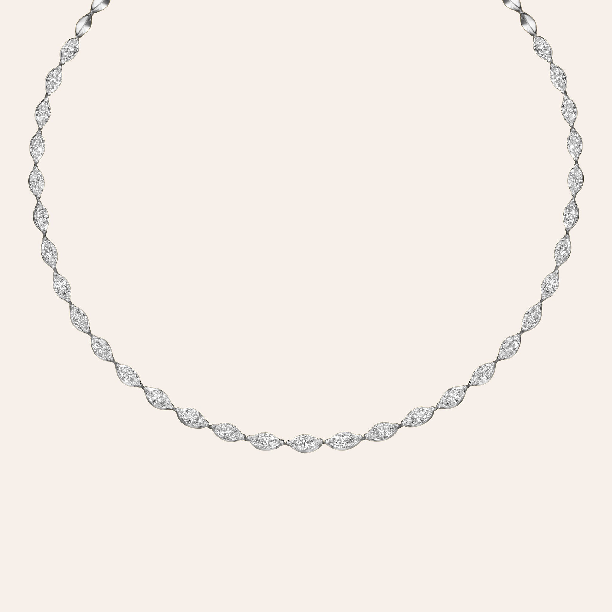 Full Elle diamond necklace in 18K white gold, marquise-cut diamonds set east-west with 13.34 total carats close up