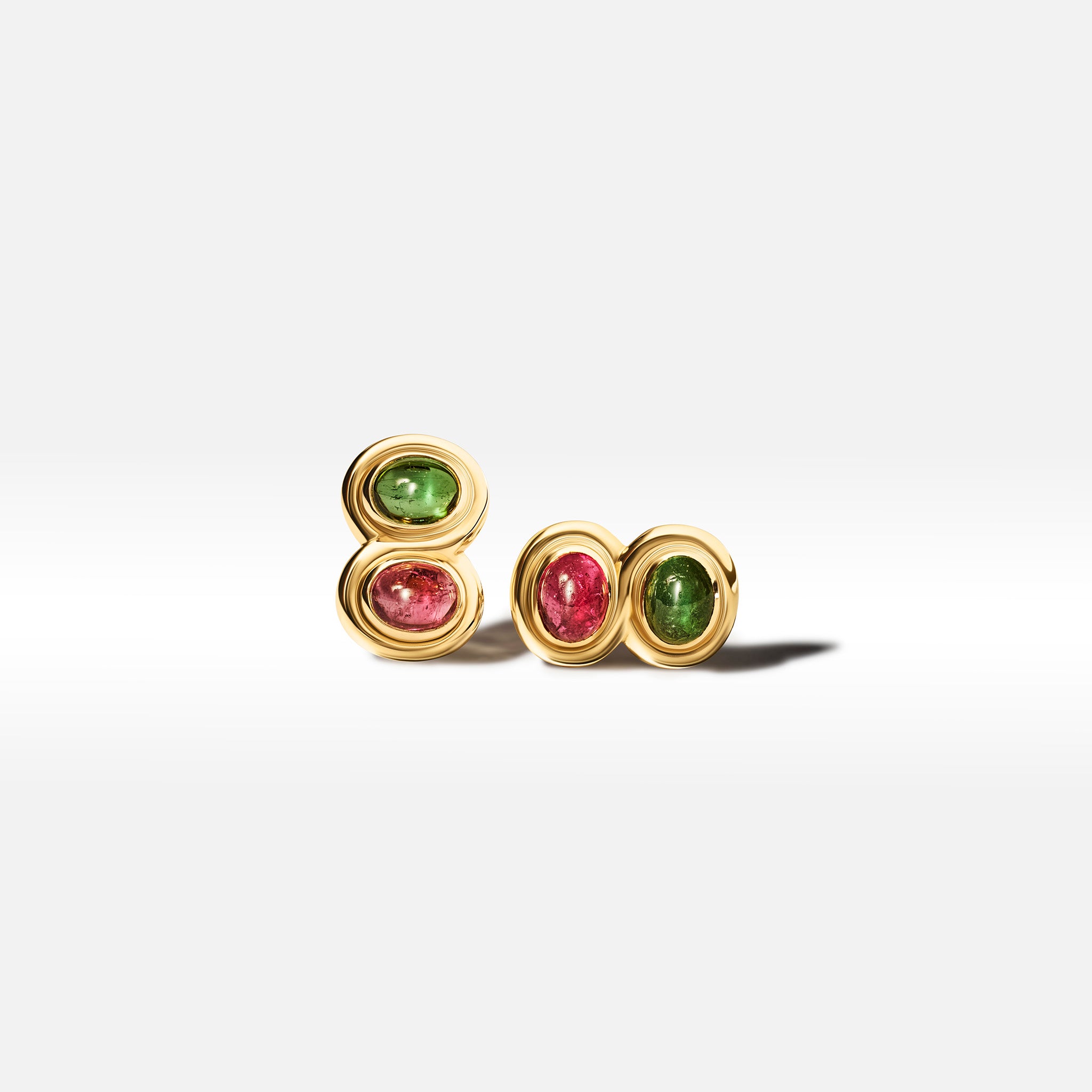 Vintage Bvlgari 18K yellow gold earrings with stacked pink and green cabochon tourmalines