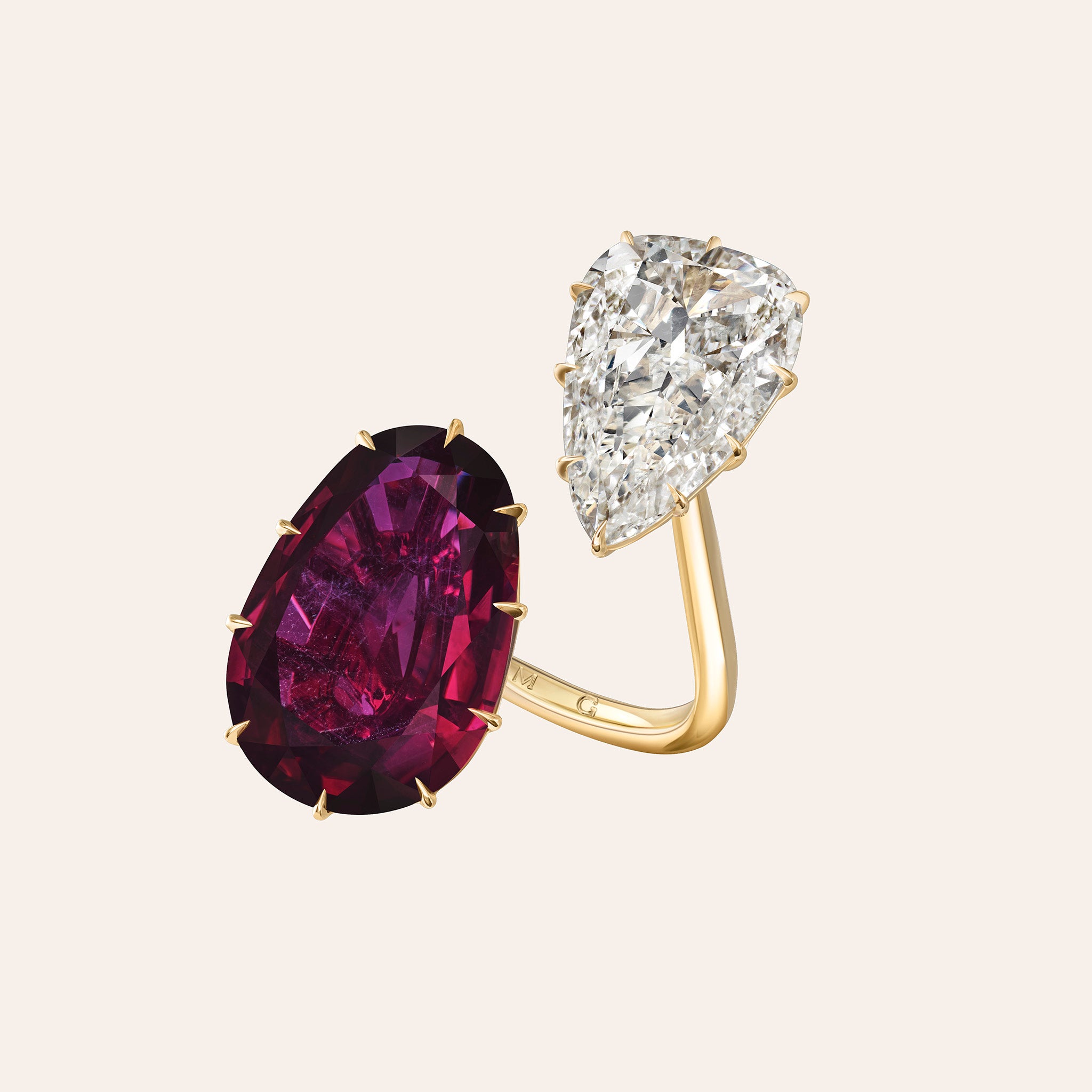 The Daphne Mozambique Ruby & Diamond Ring in 18K yellow gold with a 10.48-carat no-heat Mozambique ruby and 3.83-carat GIA-certified diamond.