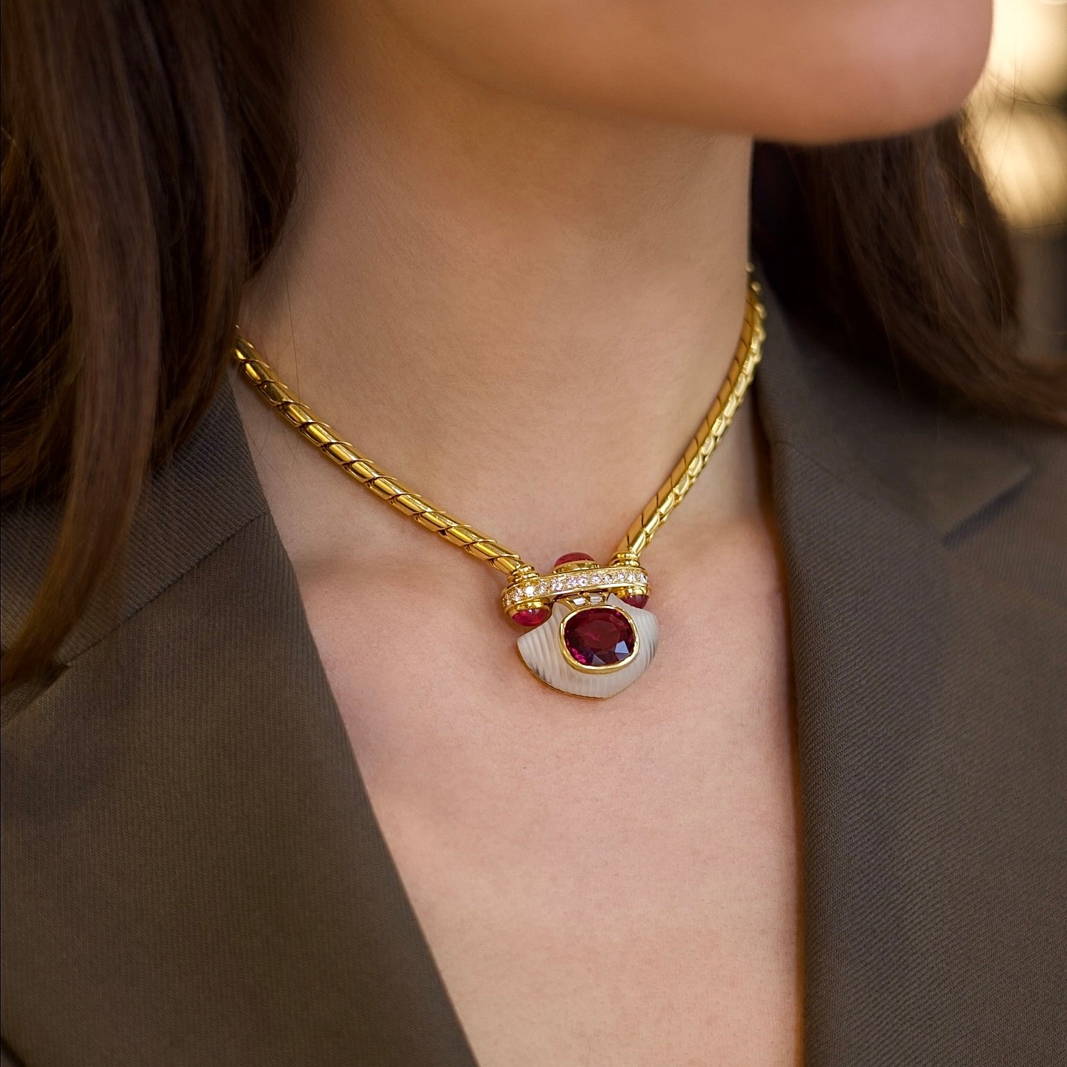 Vintage Bvlgari 1980s Garnet, Tourmaline & Diamond Necklace