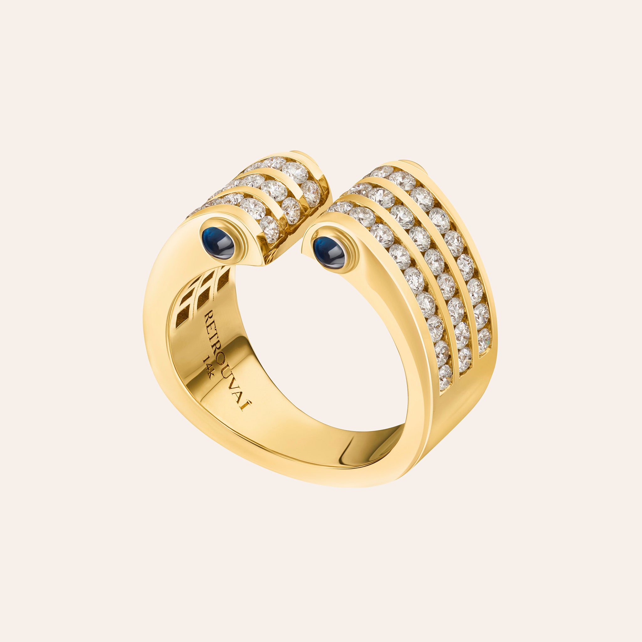Retrouvaí Magna Cuff Ring with Round Diamonds and Blue Sapphires in 14K yellow gold on an ivory background, alternate view