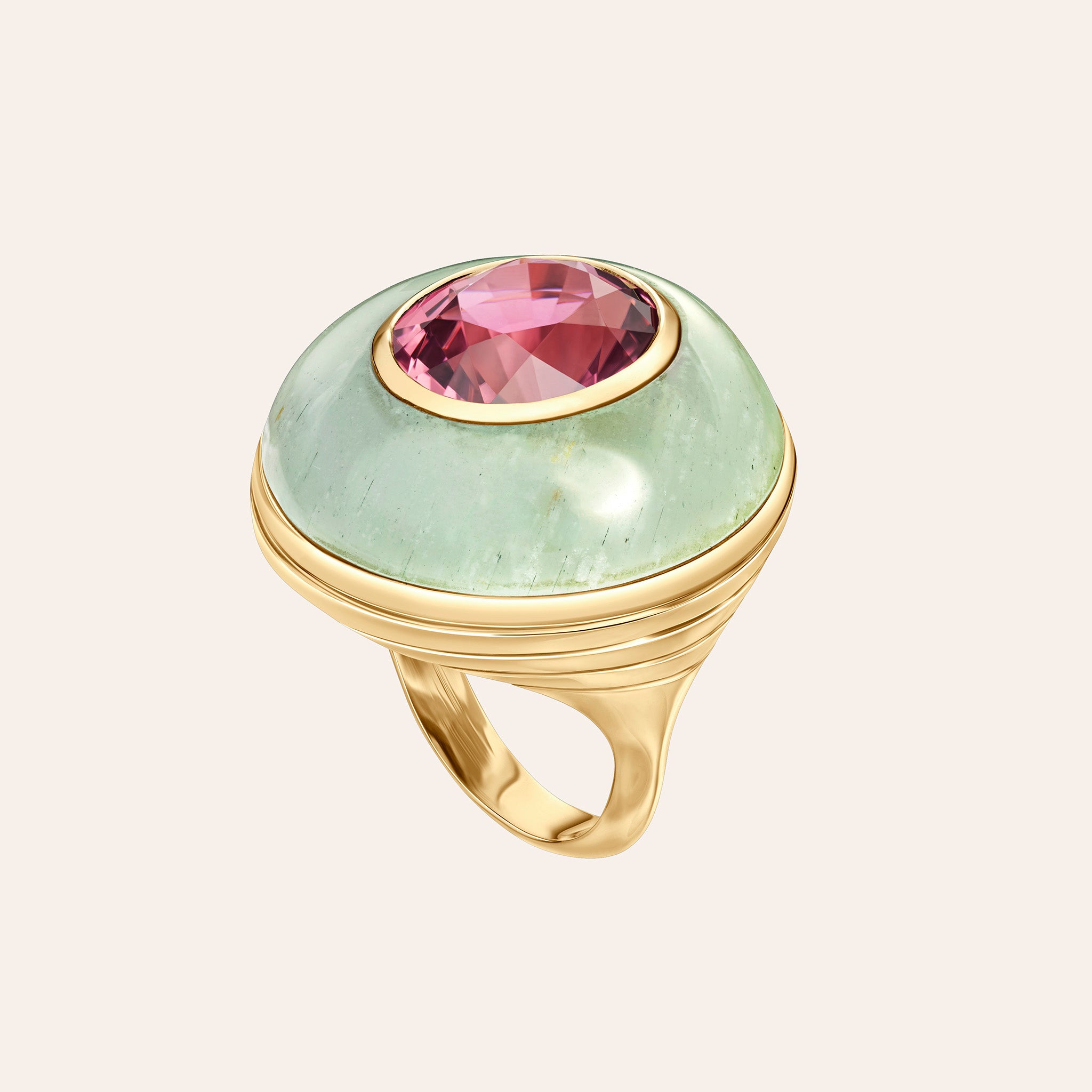 Retrouvaí Tourmaline and Aquamarine Lollipop Ring in 14K yellow gold on an ivory background, alternate view