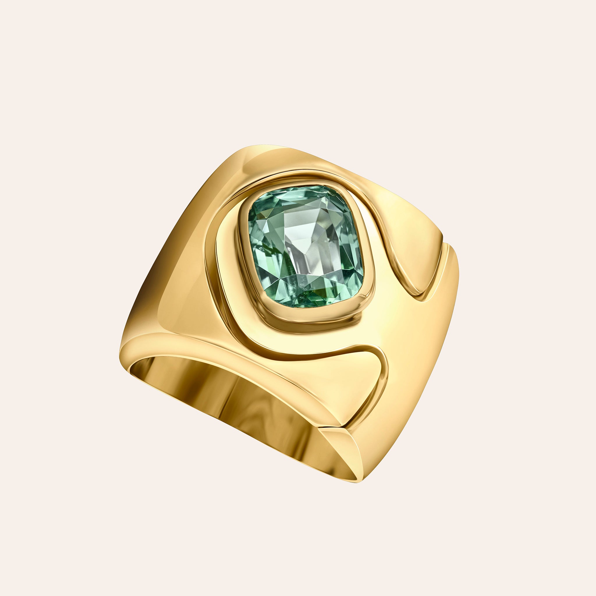 Retrouvaí Cushion Cut Tourmaline Impetus Interlocking Puzzle Ring in 14K yellow gold on an ivory background, alternate view