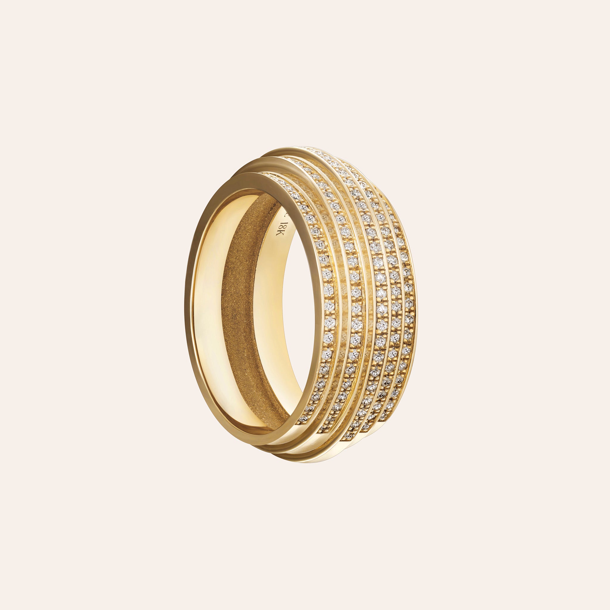 5-tier pavé diamond band in 18K yellow gold, featuring five rows of hand-set diamonds.
