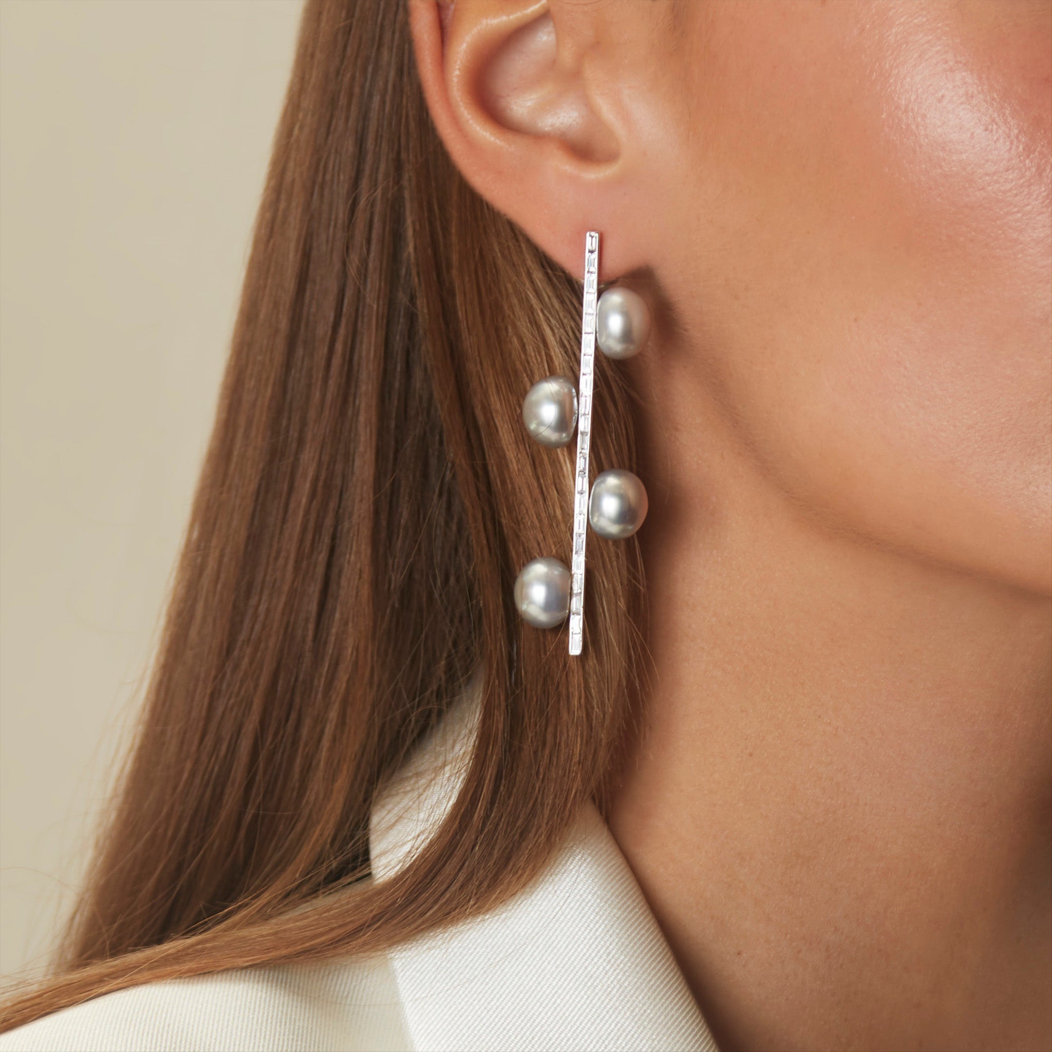 Baguette Diamond and Pearl Drop Earrings - On Figure