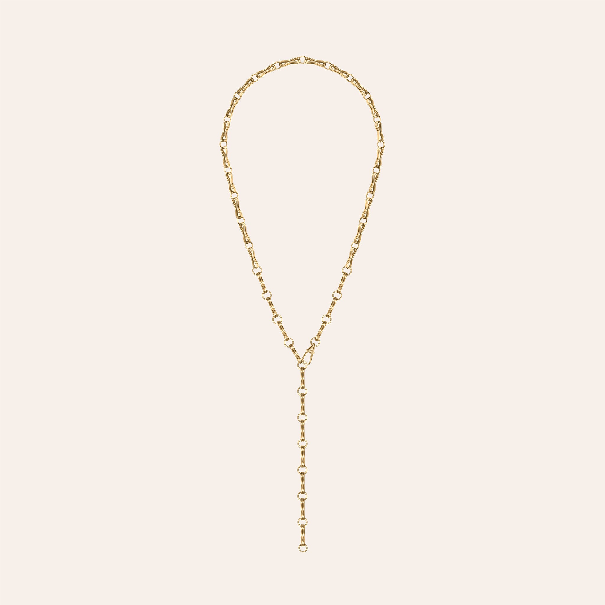 18k yellow gold Large Double Motif Chain Lariat clipped as an adjustable lariat with a long drop