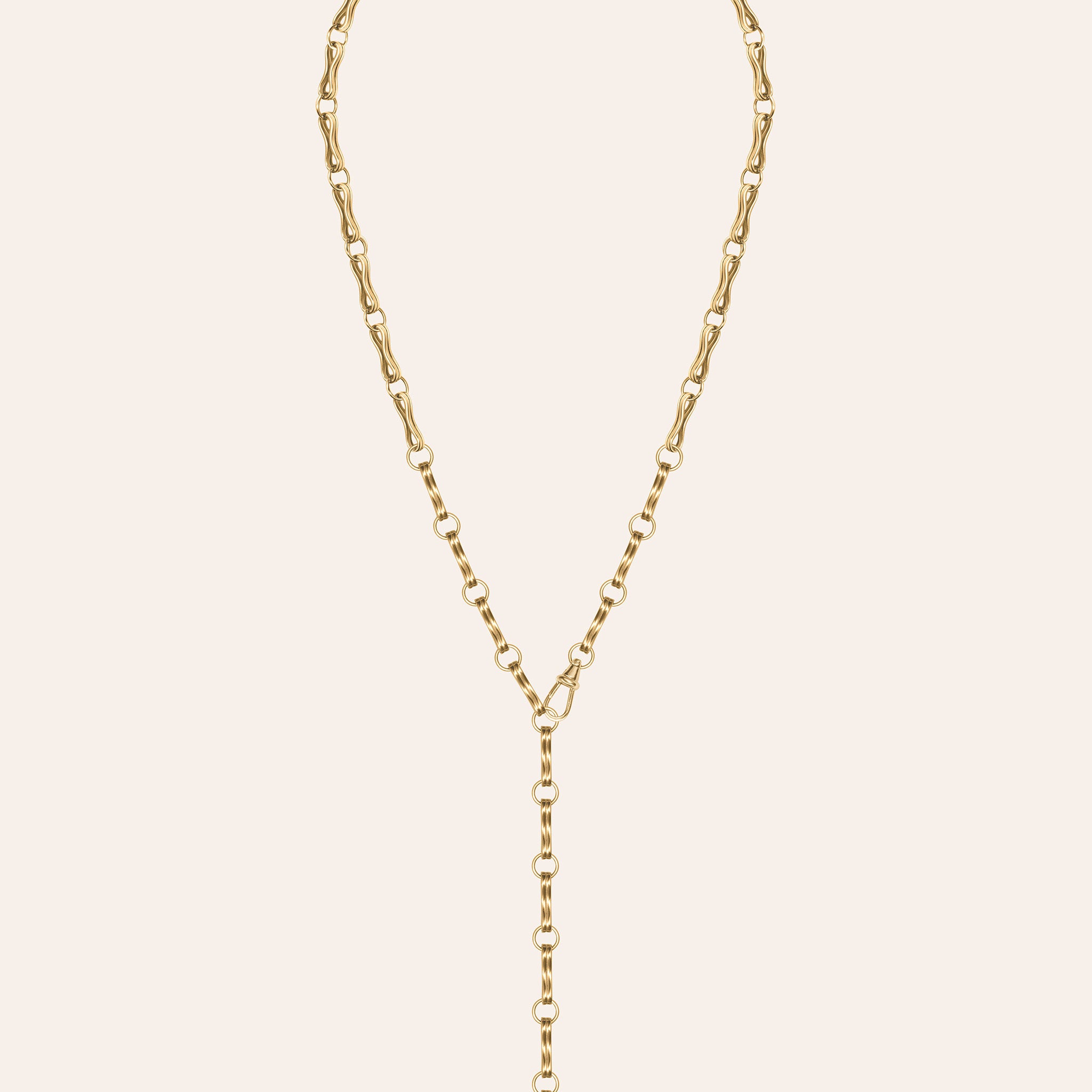 18k yellow gold Large Double Motif Chain Lariat necklace shown at full length