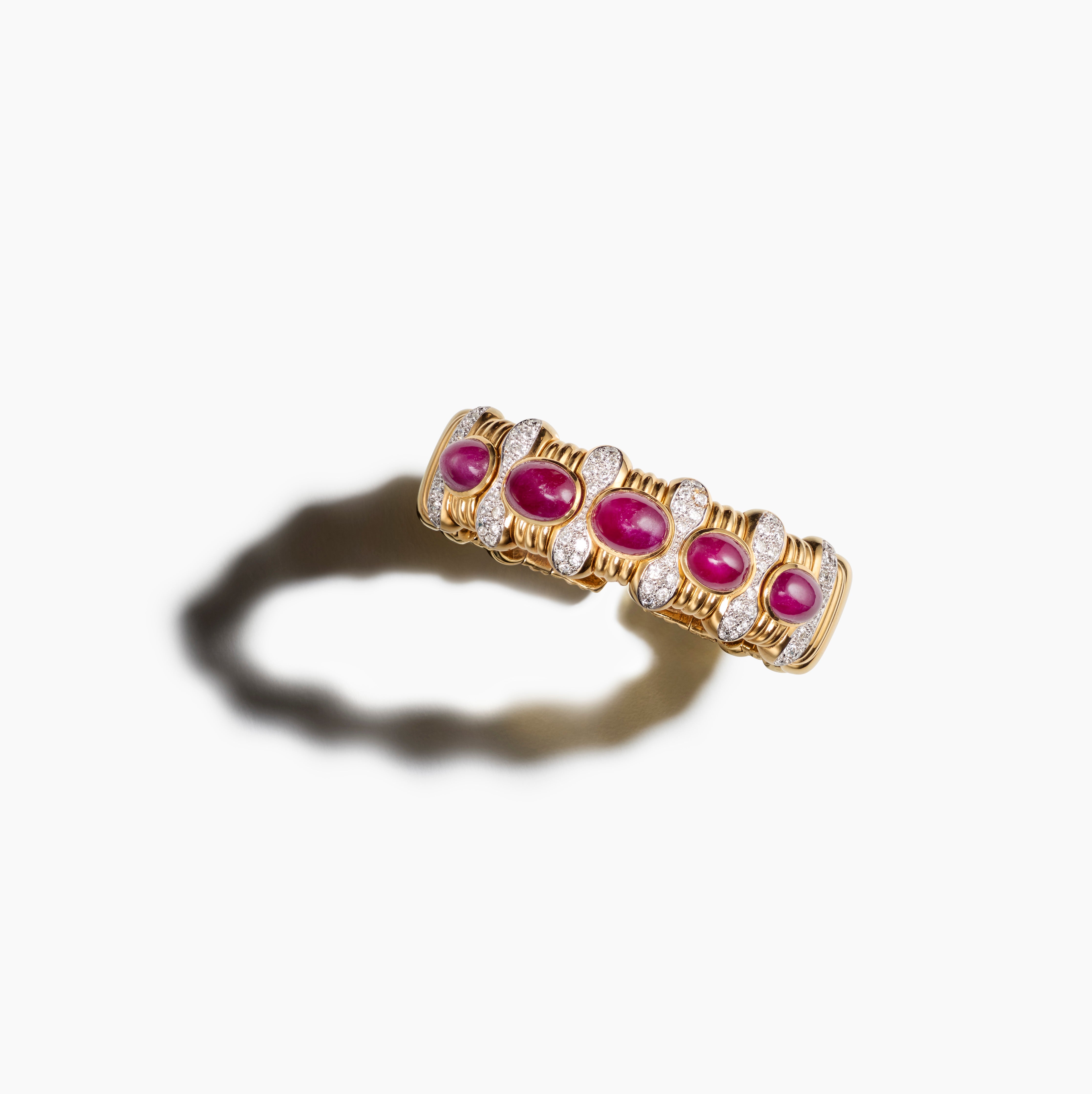 Vintage Gold Ruby Cabochon & Pavé Diamond Cuff Bracelet