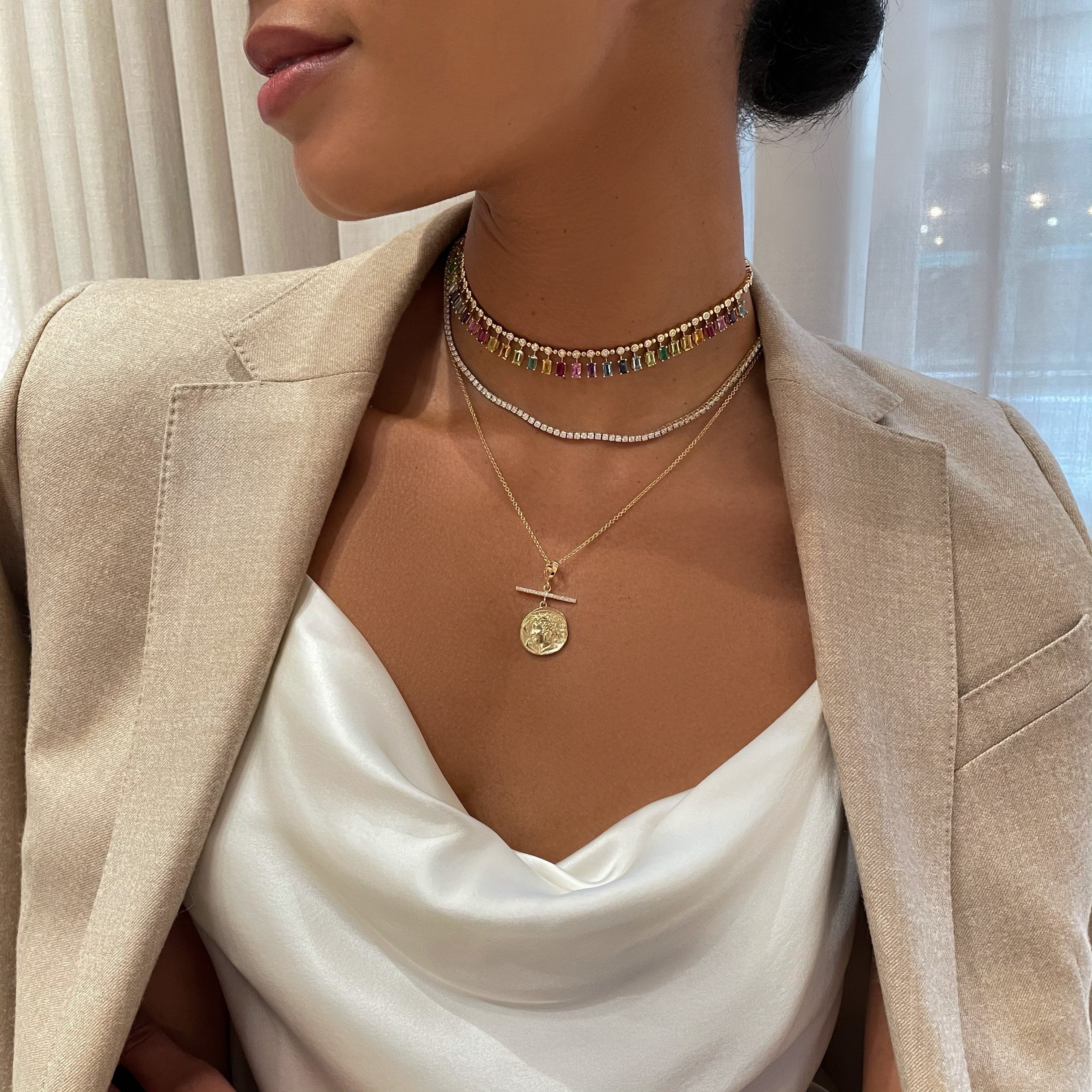 Goddess Small Diamond Coin Charm Necklace with Pavé Diamond Bar