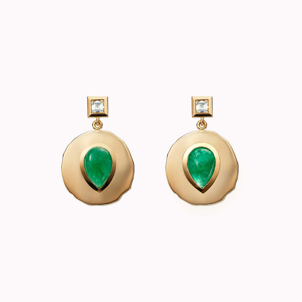 Modern Byzantine Emerald & Diamond Coin Earrings