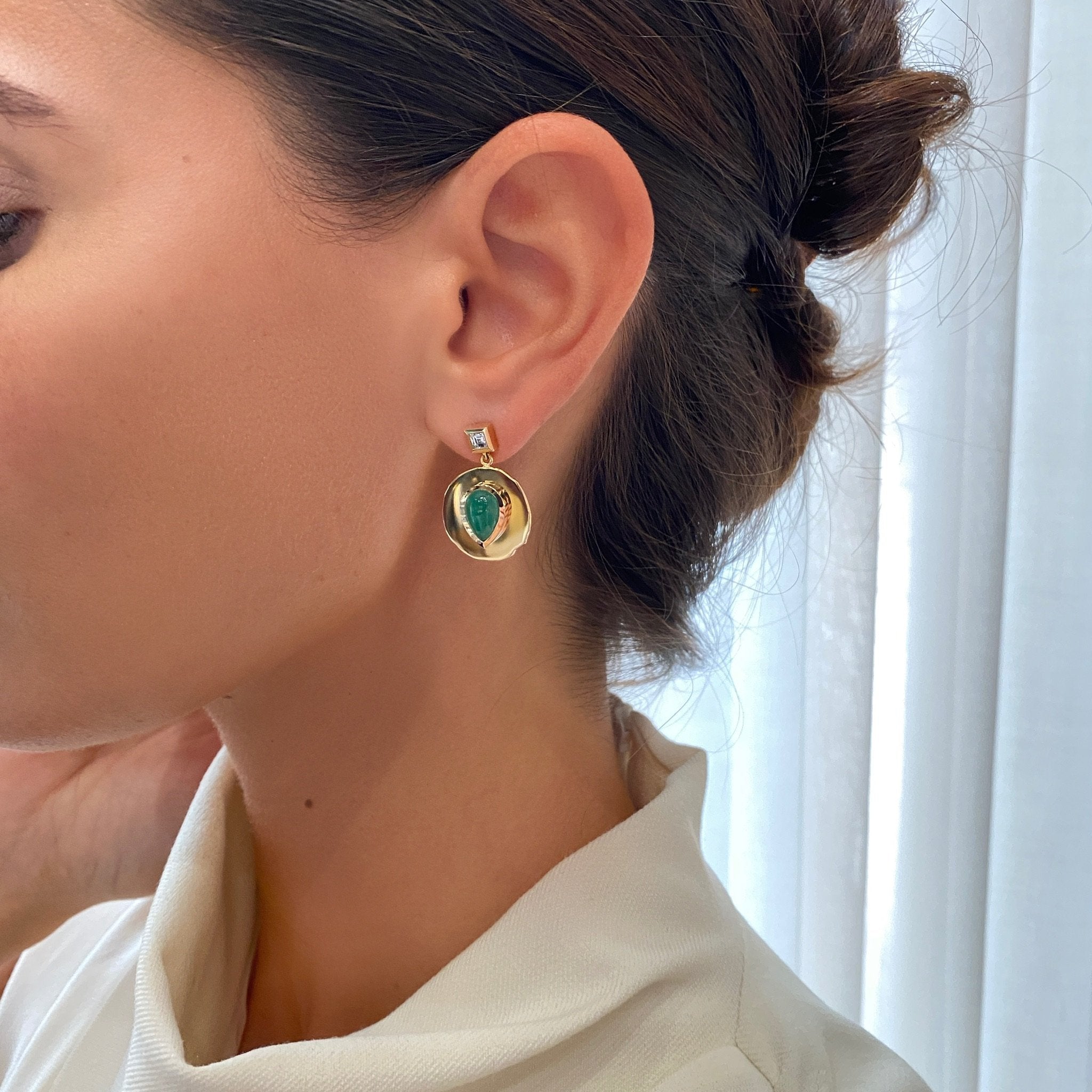 Modern Byzantine Emerald & Diamond Coin Earrings