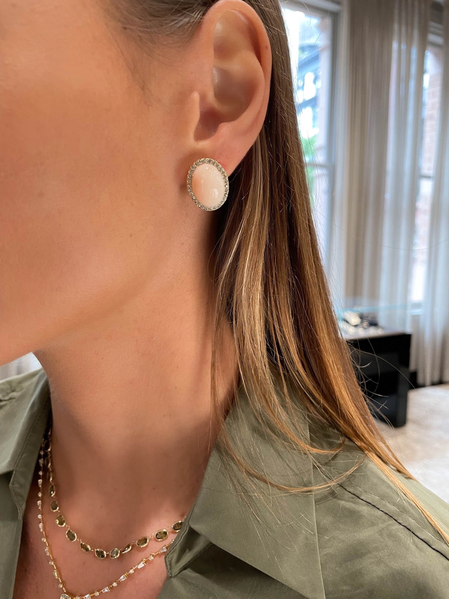 Angel Skin Coral & Sapphire Earrings - On Figure