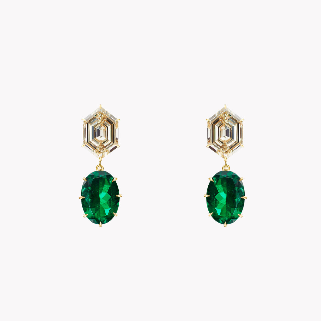 Colombian Emerald & Hexagon Diamond Drop Earrings