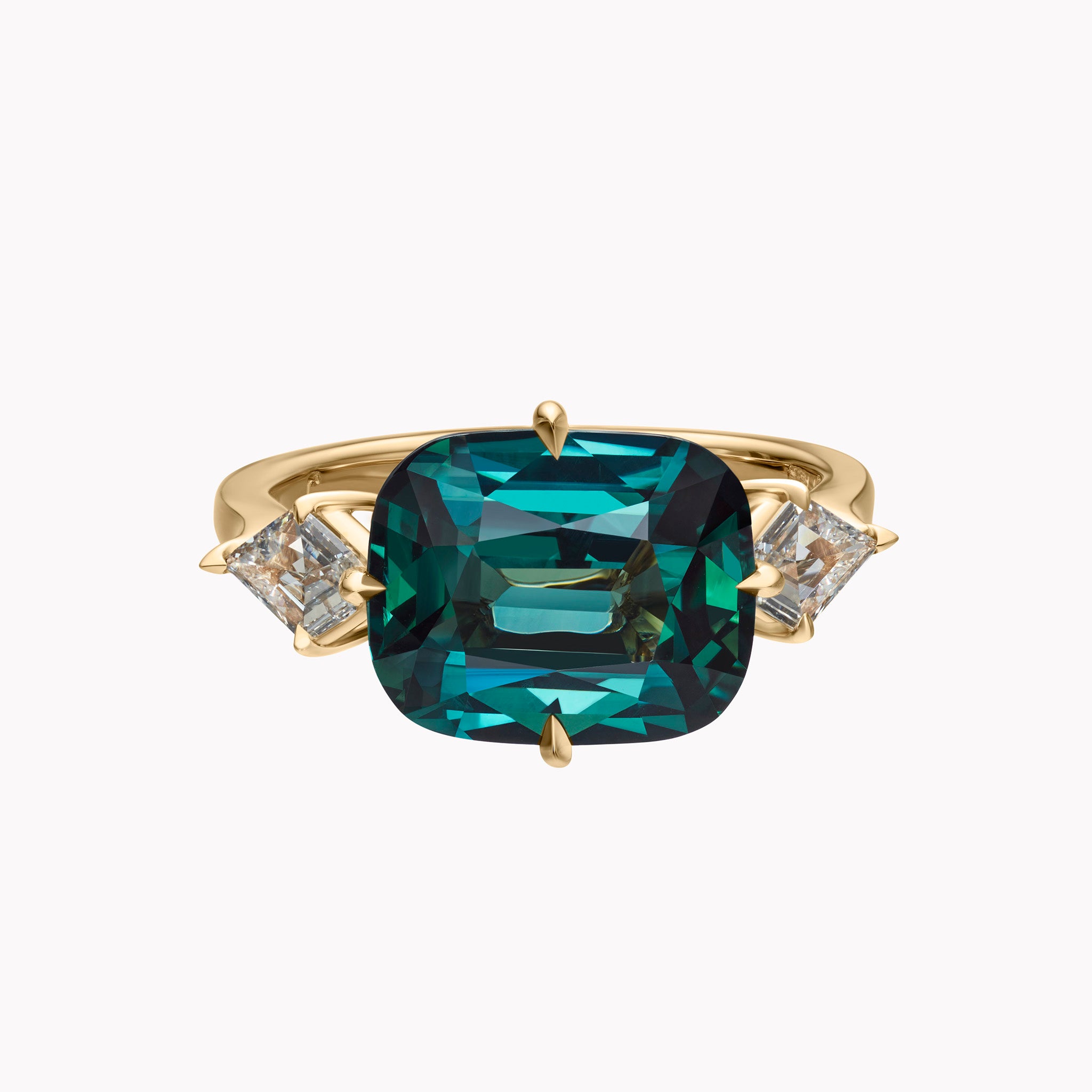 East-West Teal Sapphire & Diamond Ring